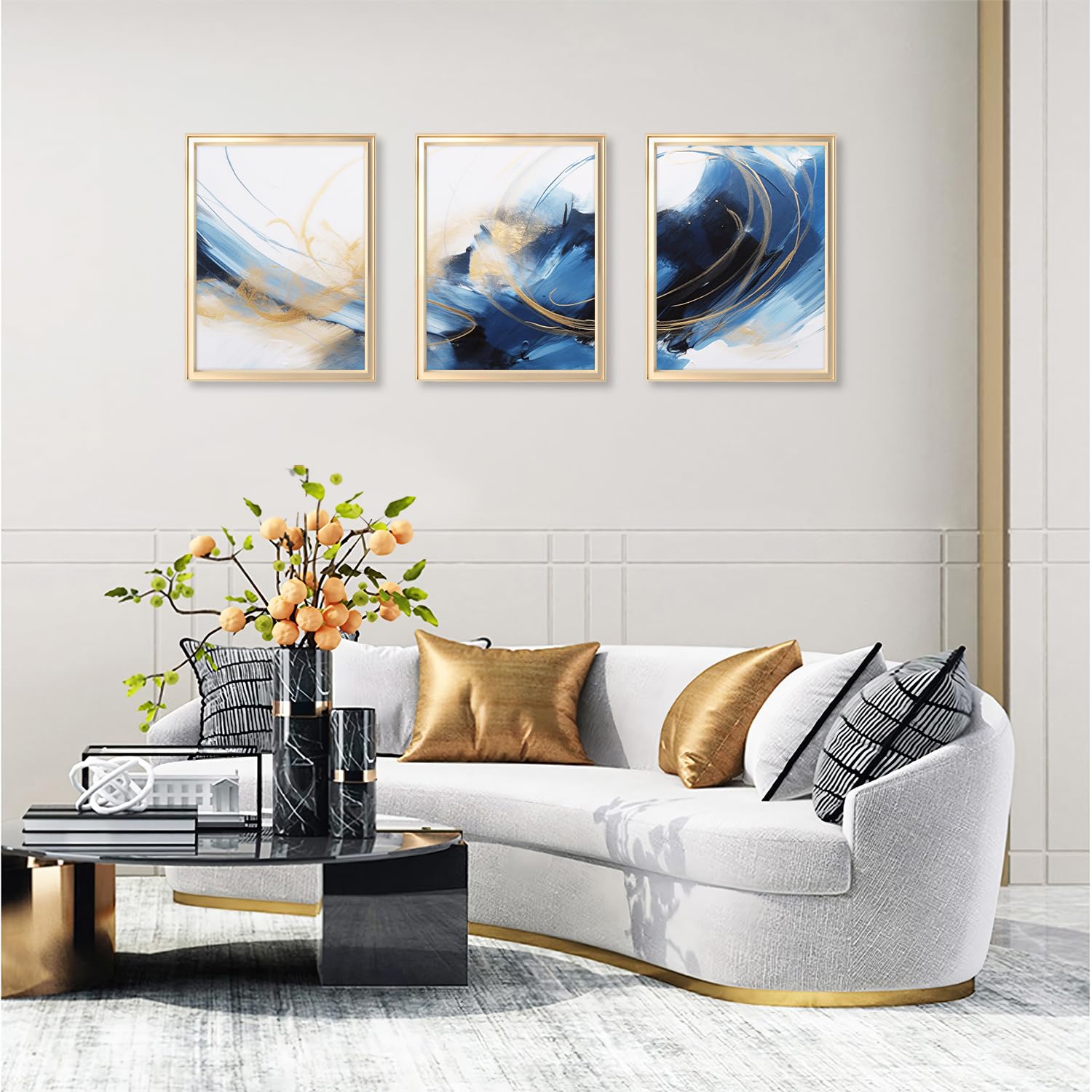 Dazzlewall 3 Pcs Blue And Gold Abstract Wall Art Modern Contemporary Wall Decor Fantasy Graffiti Artwork Aesthetic Splash Ink Pa