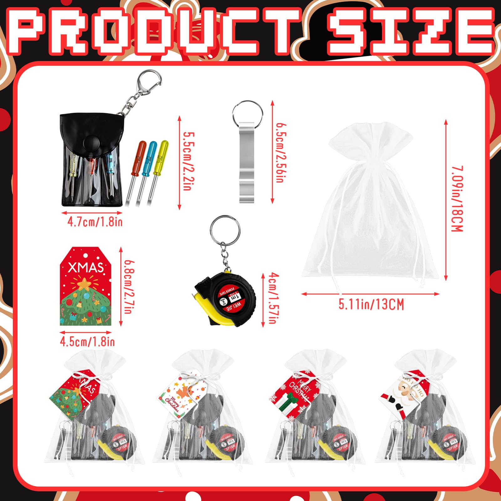 Denylo Pro 12 Sets Christmas Gifts with Tape Measure Bottle Opener Tool Kit Greeting Card Twine Bags for Christmas Party Favors