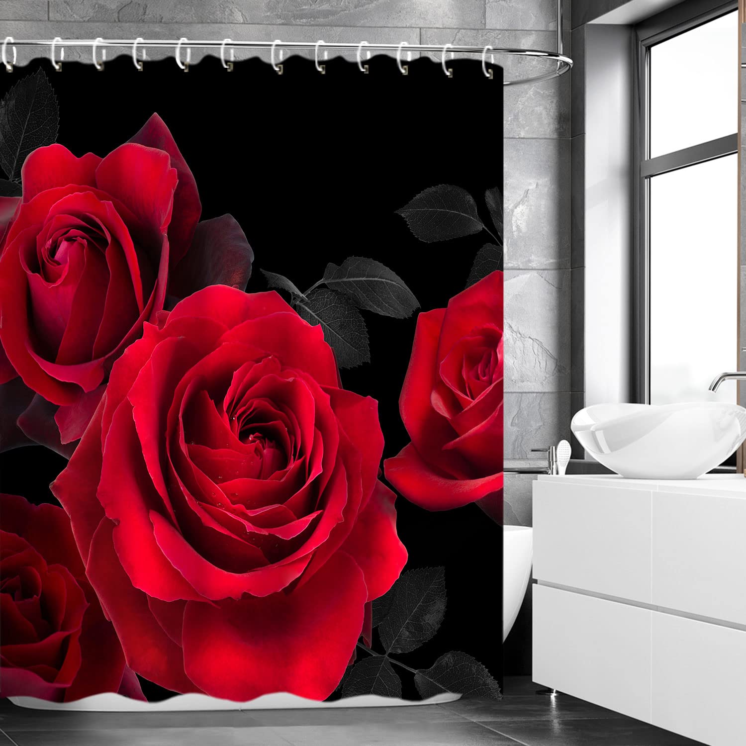 Livilan Red Shower Curtain For Bathroom Rose Shower Curtain Black And Red Shower Curtains Red Rose Shower Curtain With Hooks Bla