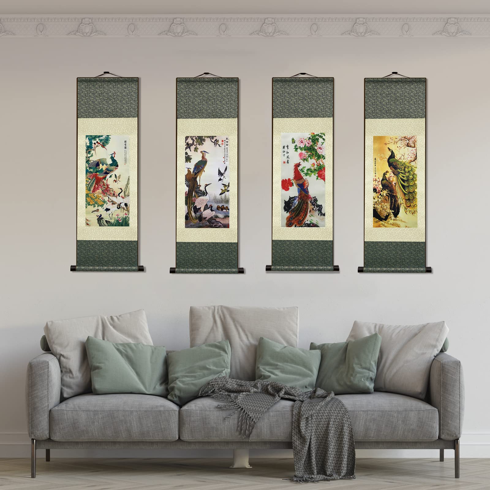 Atfart 4 Pack Asian Wall Decor Beautiful Silk Scroll Painting Birds - Phoenix Oriental Decor Chinese Art Wall Scroll Wall Hangin