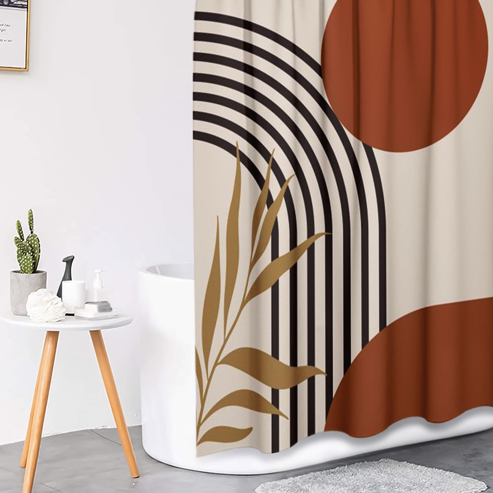 Tayney Boho Mid Century Shower Curtain Set With Toilet Lid Cover And Non-Slip Rugs, Abstract Geometric 4 Pcs Modern Minimalist S