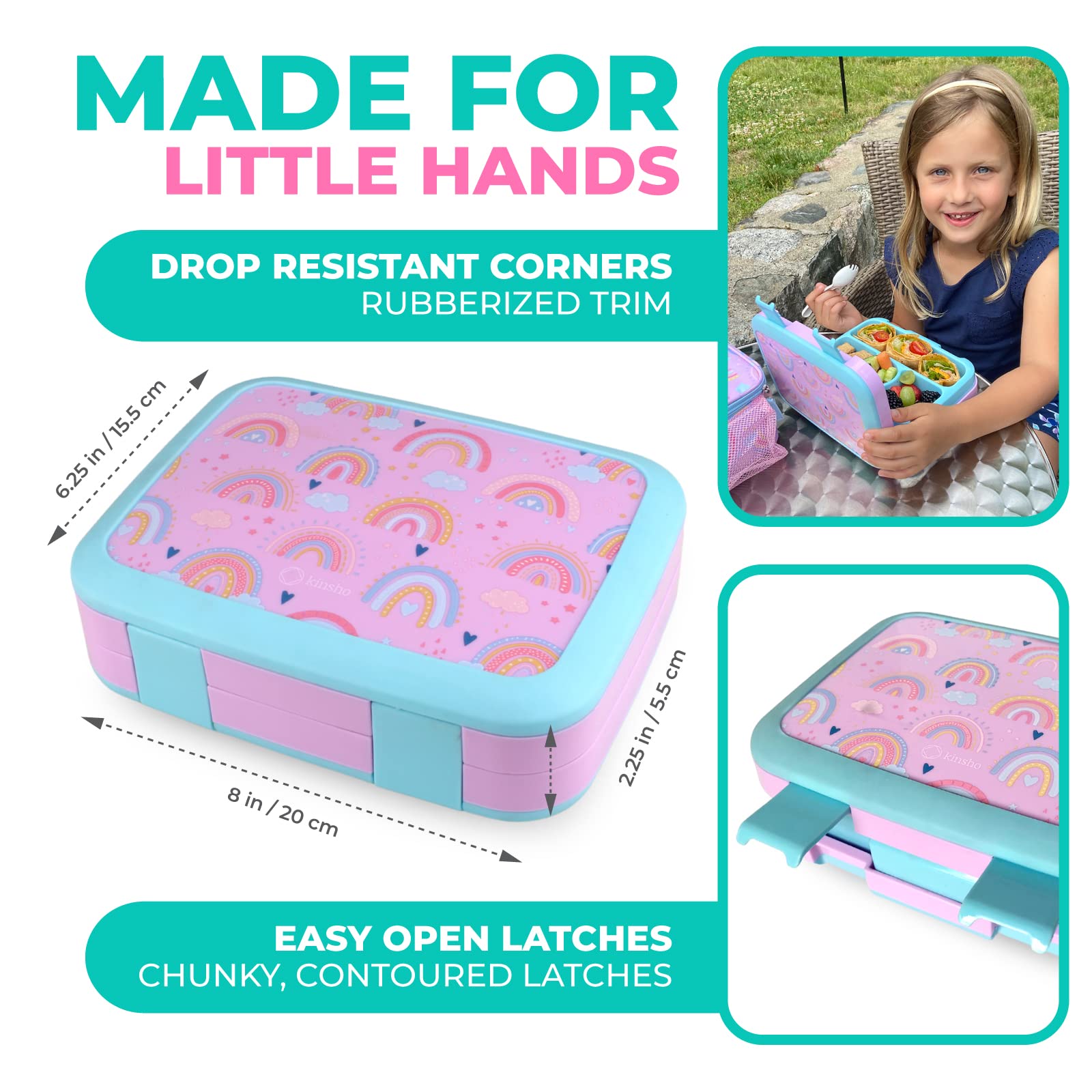 Kinsho Kids Bento Lunch Box, Reusable Meal And Snack Container, Lunch Boxes For Small Girls & Toddlers Lunches, 4 Compartment -
