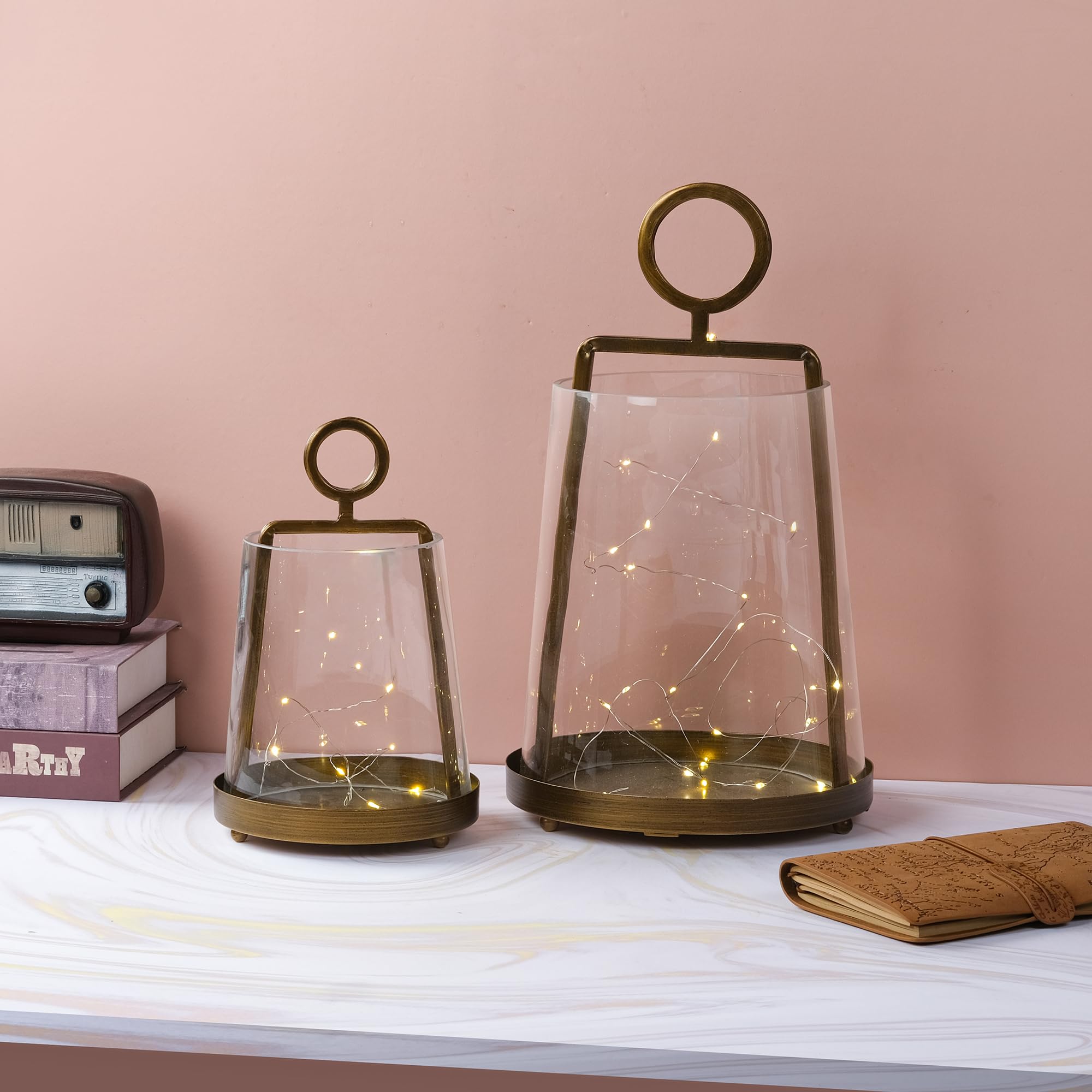 9 Wide Modern Metal Hurricane Lantern with Handmade Sturdy Glass Sleeve in Brass for Pillar Candle & Plants, Farmhouse Hurricane