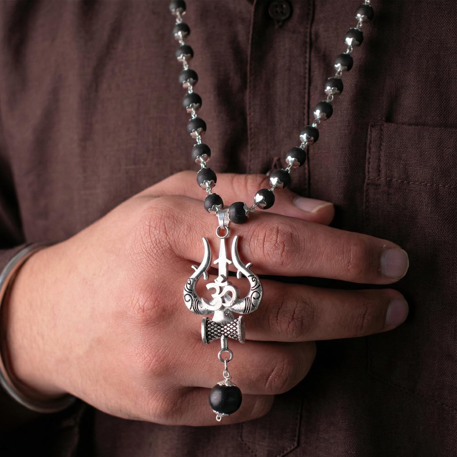 7Mm Karungali Mala With Om Brass Pendant