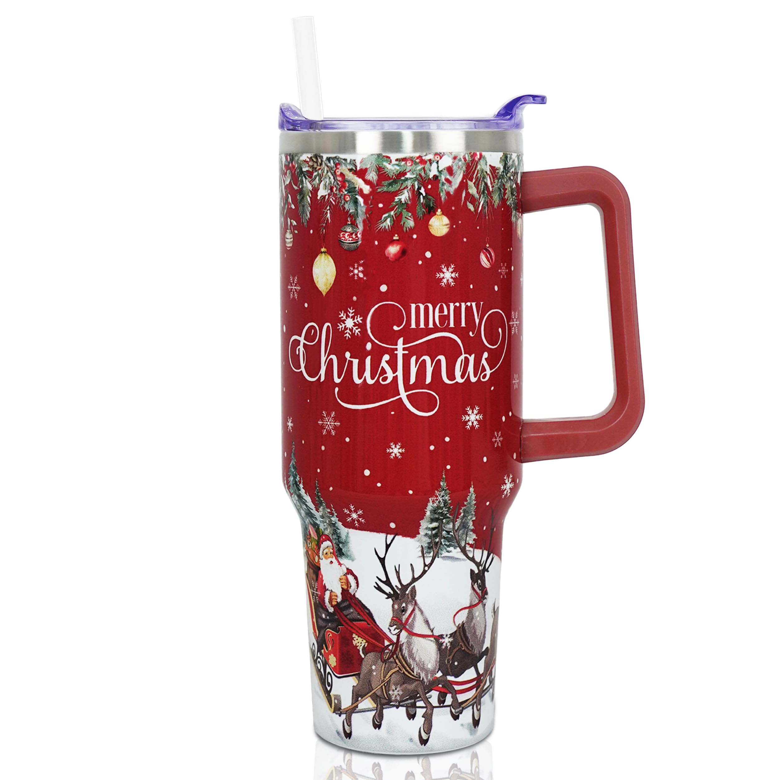 ZNYYZYBA 40 oz Merry Christmas Tumbler with Handle and Straw, Stainless Steel Insulated Santa Tumbler 40 oz, Reusable Xmas Cup w