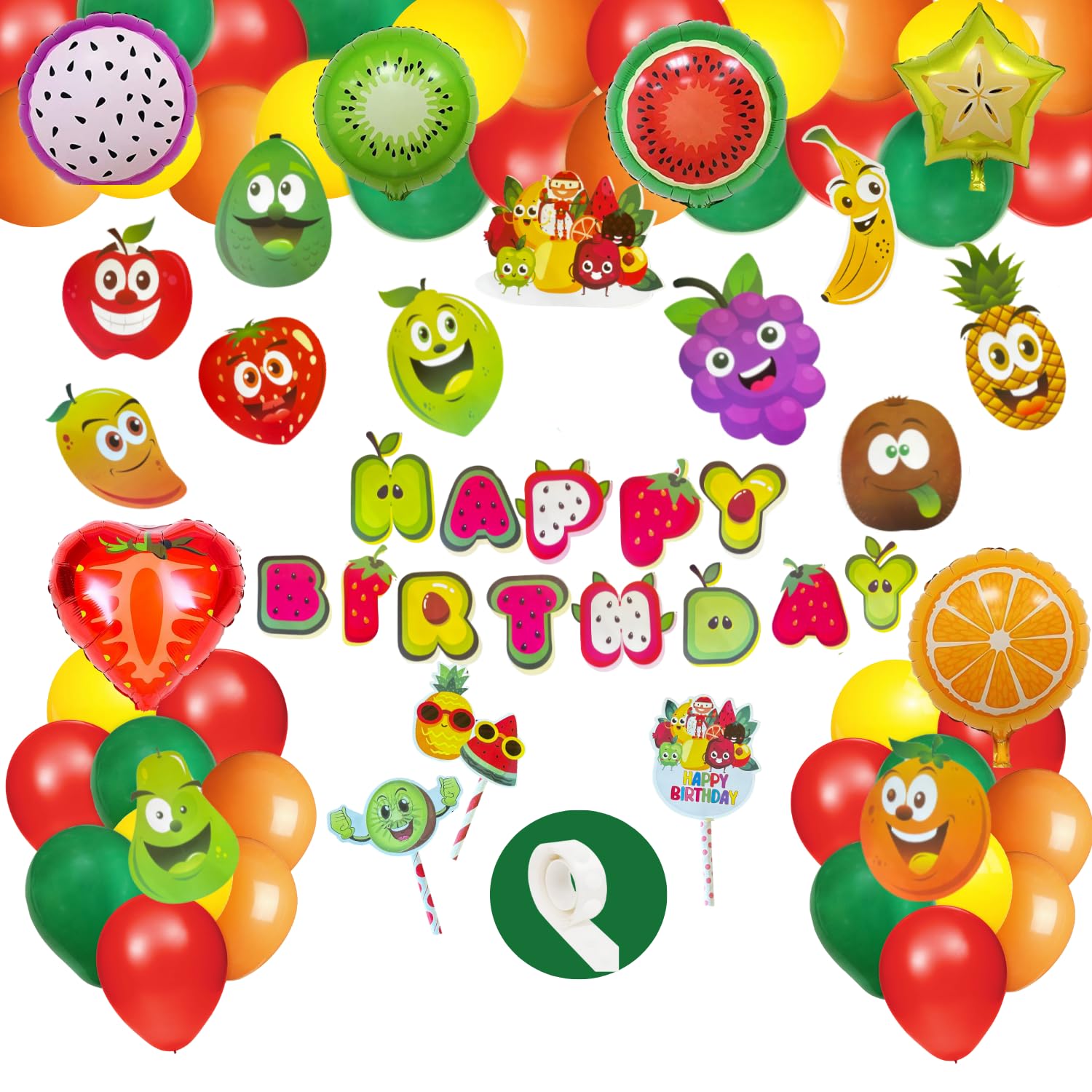 FI  FLICK IN 63Pcs Fruit Theme Birthday Decoration Set with Foil balloons Cutouts Props Tutti Frutti Happy Birthday Decoration 