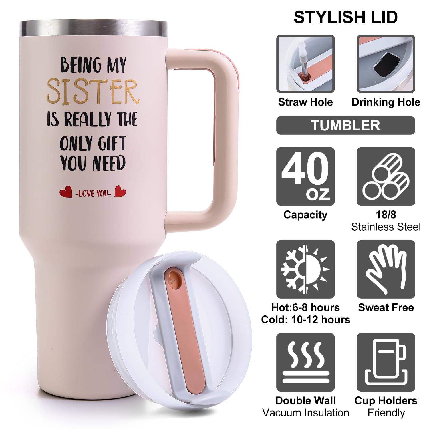 Sister Tumble with Handle 40oz Sisters Birthday Gifts - Sister Gifts from Sisters, Stainless Steel Insulated Travel Cup with Lid
