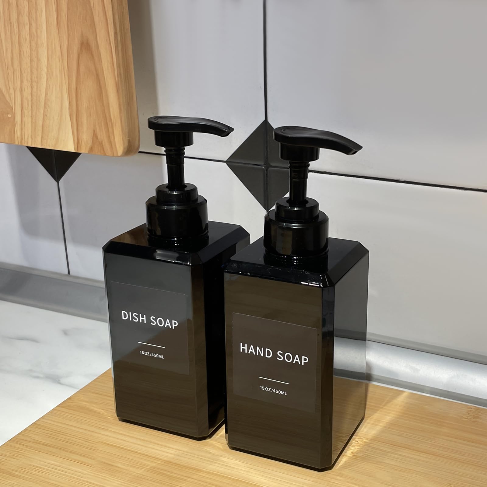 Black Soap Dispenser With Waterproof Labels, 15Oz Plastic Hand Soap Dispenser For Bathroom, Thickened Plastic Dish Soap Dispense