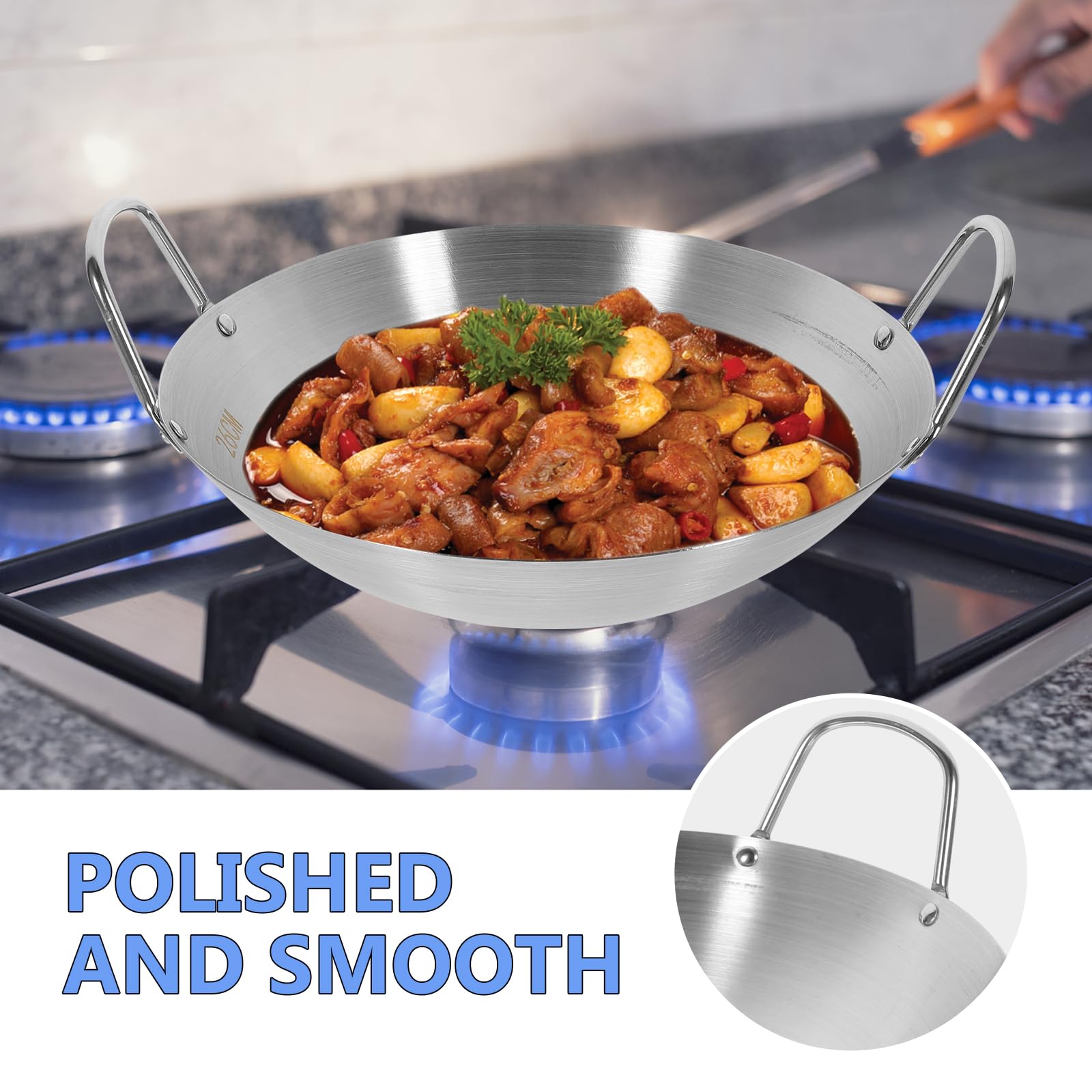 Bestonzon 10 Inch Stainless Steel Wok, Dual Handled Wok Round Bottom Wok Traditional Style Frying Pan Cooking Pot For Kitchen Re