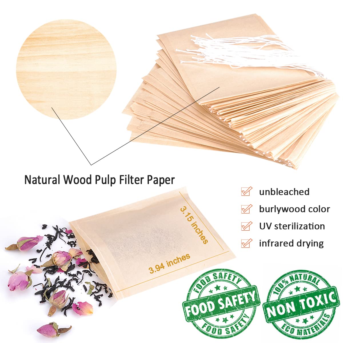 Angooni 300Pcs Disposable Tea Filter Bags With Drawstring | 100% Natural & Safe Loose Leaf Tea Empty Tea Bags, 1-Cup Capacity