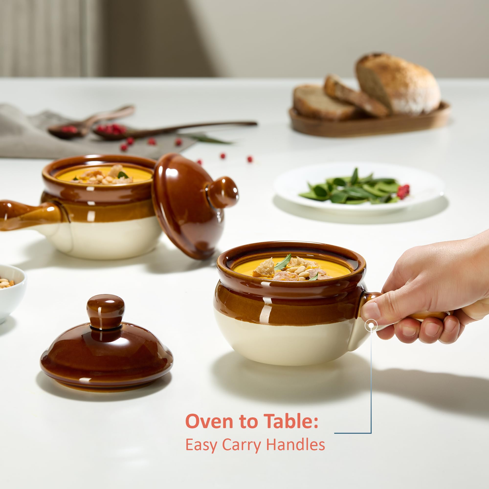 Kook French Onion Soup Crocks With Lids, Ceramic Bowls, Large Handles, Dishwasher, Microwave, Oven & Broil Safe, Brown/White, Se