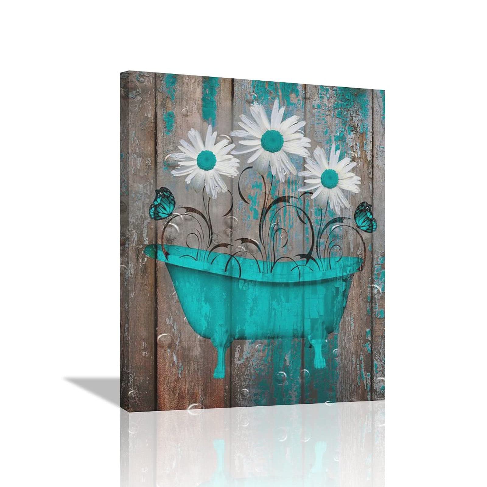 Citari Rustic Teal Brown Farmhouse Bathroom Decor Daisy Flowers Butterflies Vintage Bathtub Country Bath Wall Art Matted Picture
