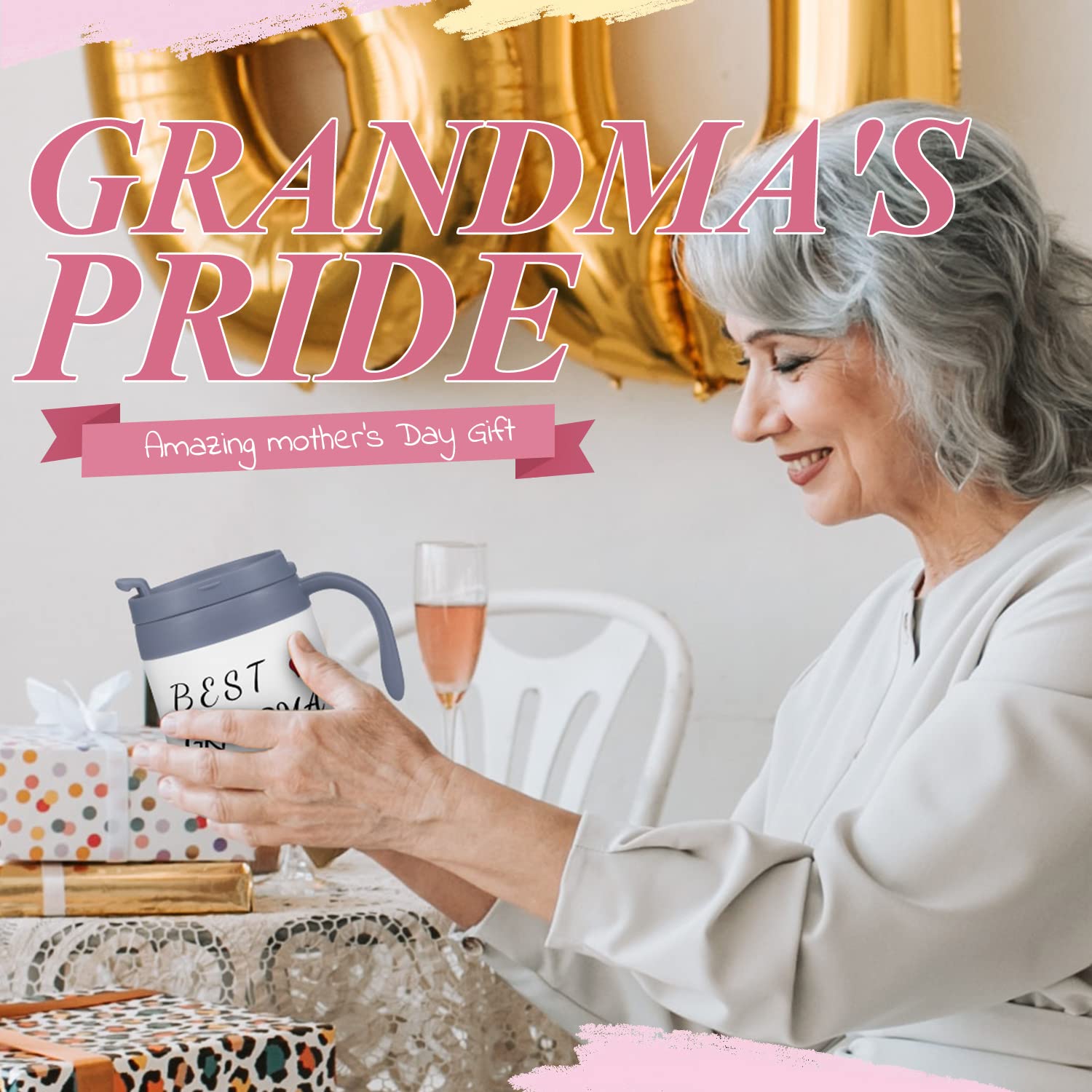 WUJOMZ Grandma Gifts  Gifts for Grandma and Women Best Grandma Ever Coffee Mug  Insulated Travel Tea Mug with Handle And Lid  Grandma Mug for Birthday Christmas Mothers Gifts Day.