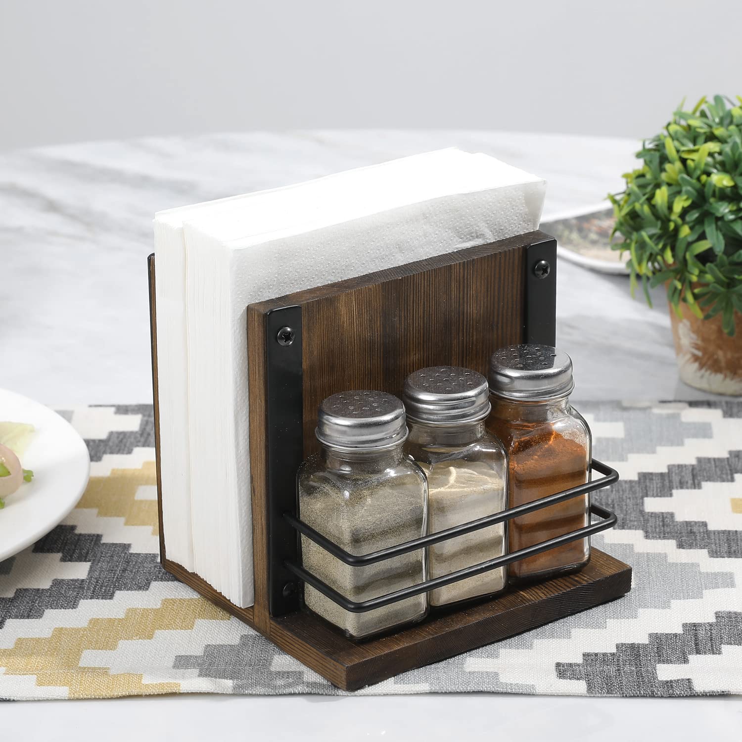 Mygift Rustic Burnt Solid Wood Napkin Holder And Salt & Pepper Caddy, 4 Piece Set Dining Tabletop Napkin Dispenser With Condimen