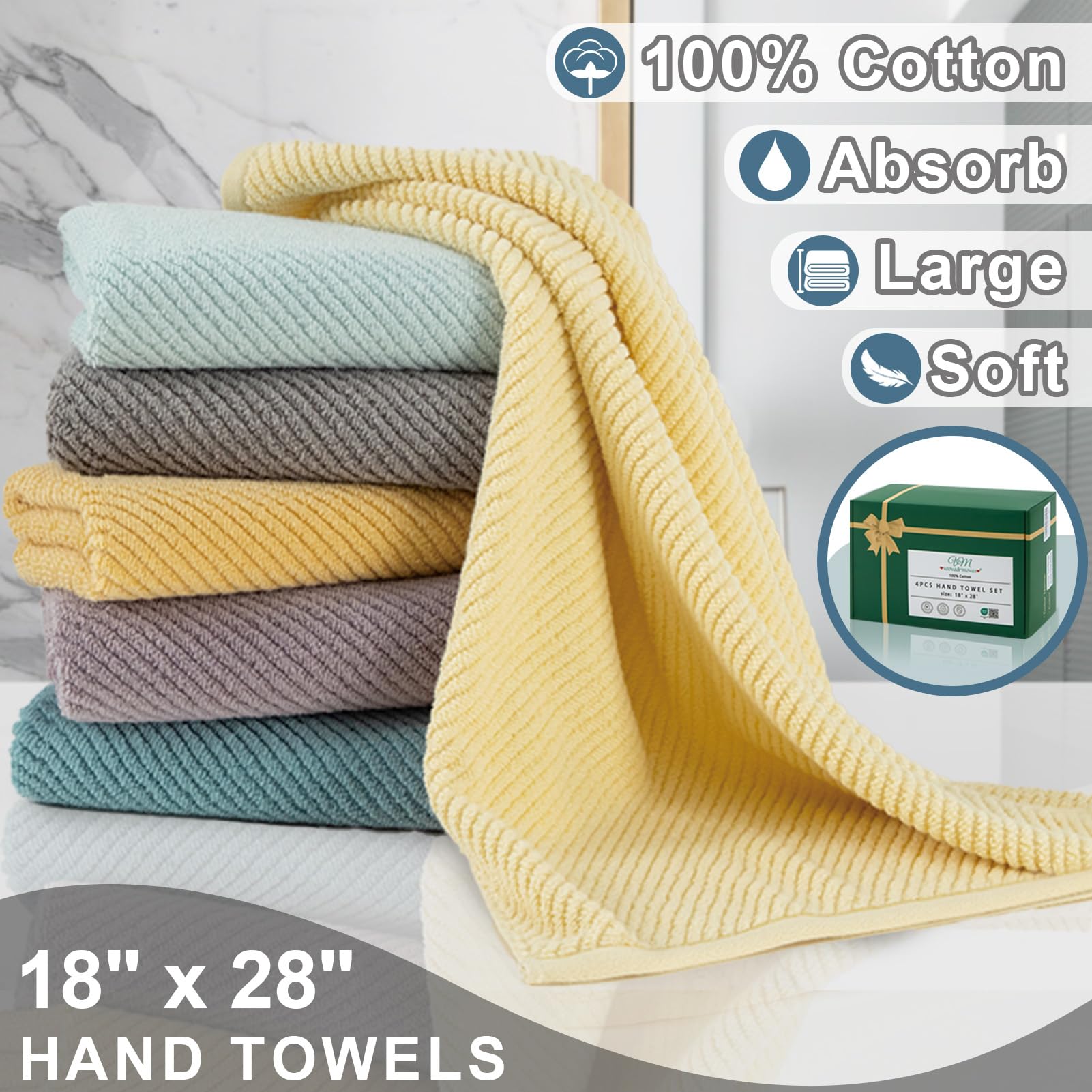 Voova & Movas Hand Towels For Bathroom Set Of 4, Large 18'' X 28'', 100% Cotton | Lightweight | Thick | Quick Dry | Soft | Absor