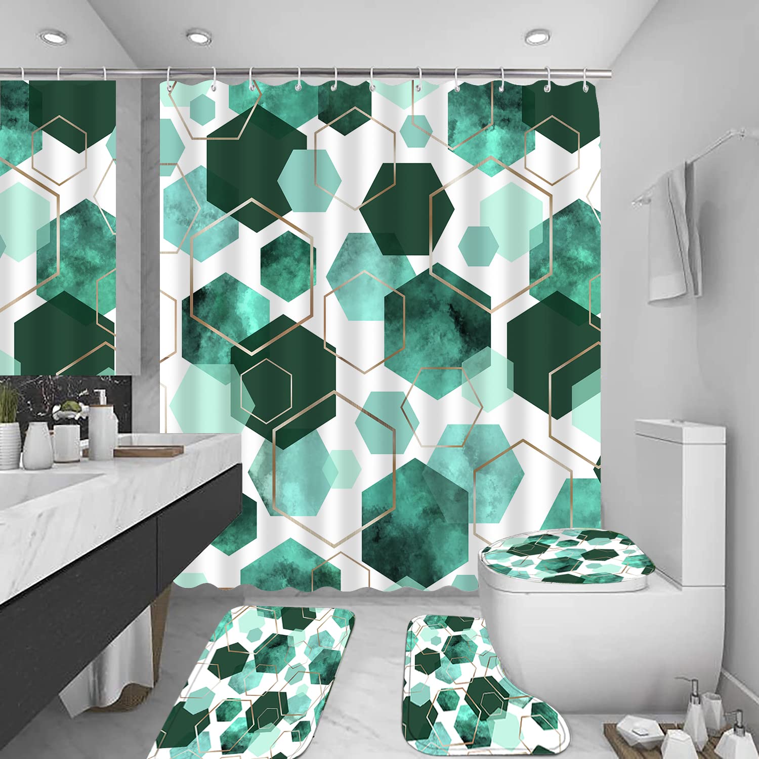 Lqcool 4Pcs Indigo Shower Curtain Set Marble Grain Geometric Bathroom Set Fresh Turquoise Abstract Bathroom Curtain Set With 12