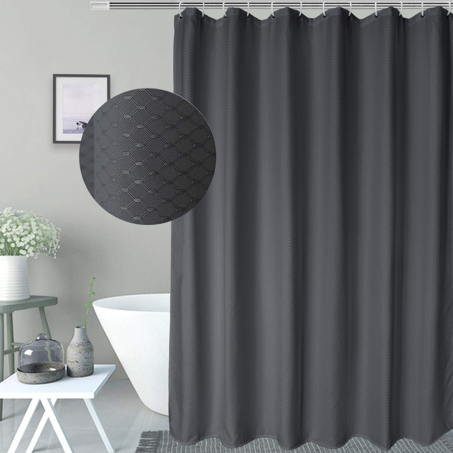 Aoohome 72X75 Inch Waffle Weave Shower Curtain, Dark Grey Fabric Durable Bathroom Curtain With Hooks, Weighted Hem, Heavy Duty,