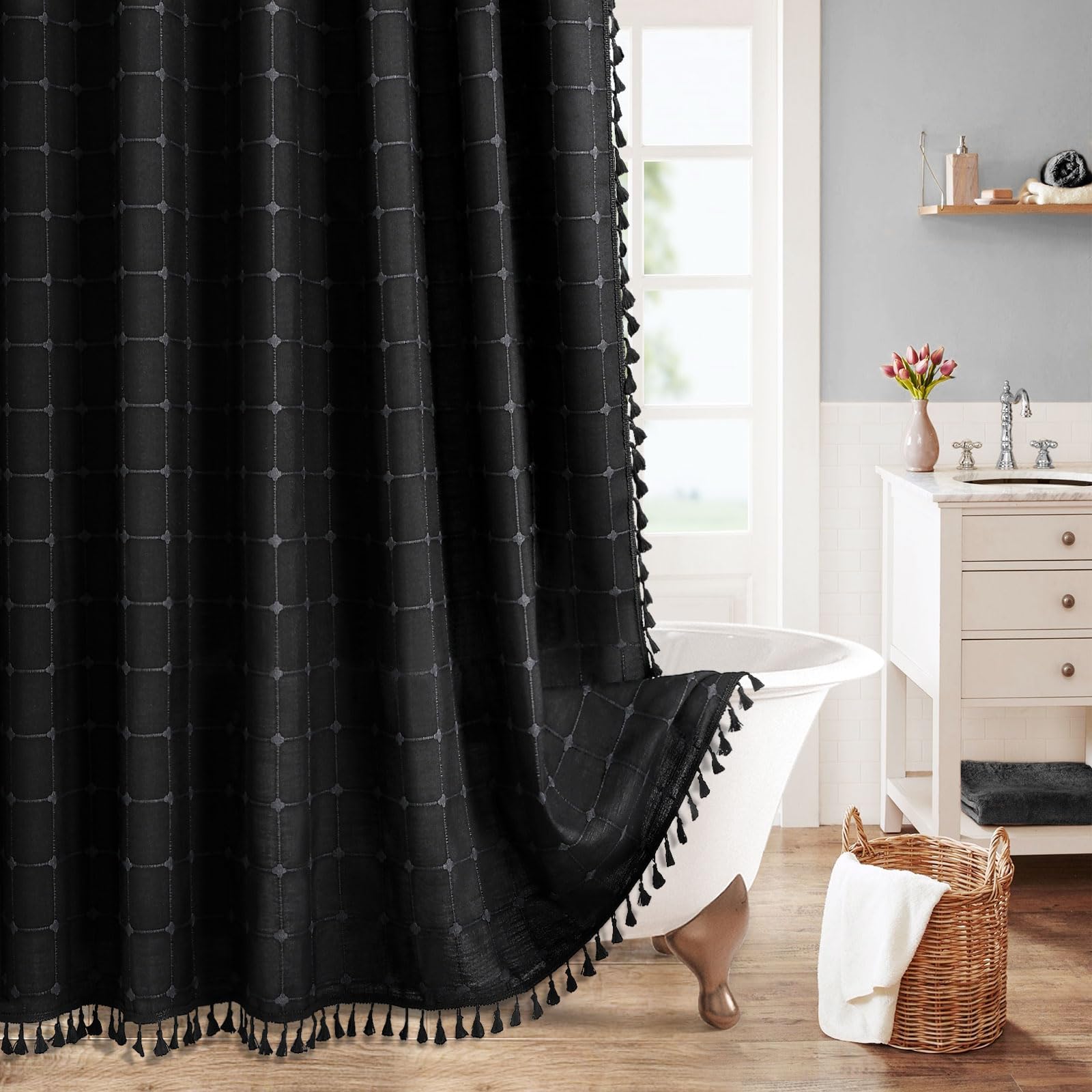 Mitovilla Black Boho Shower Curtains For Modern Bathroom Decor, Farmhouse Cotton Linen Fabric Cloth Shower Curtain With Tassel,