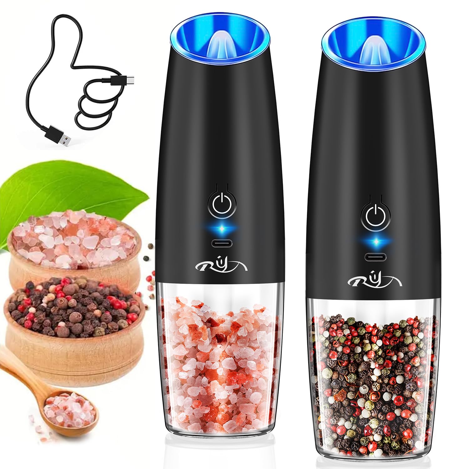 Rongyuxuan Upgraded Rechargeable Gravity Electric Salt And Pepper Grinder Set With Led Lights,Stainless Steel Automatic Pepper O