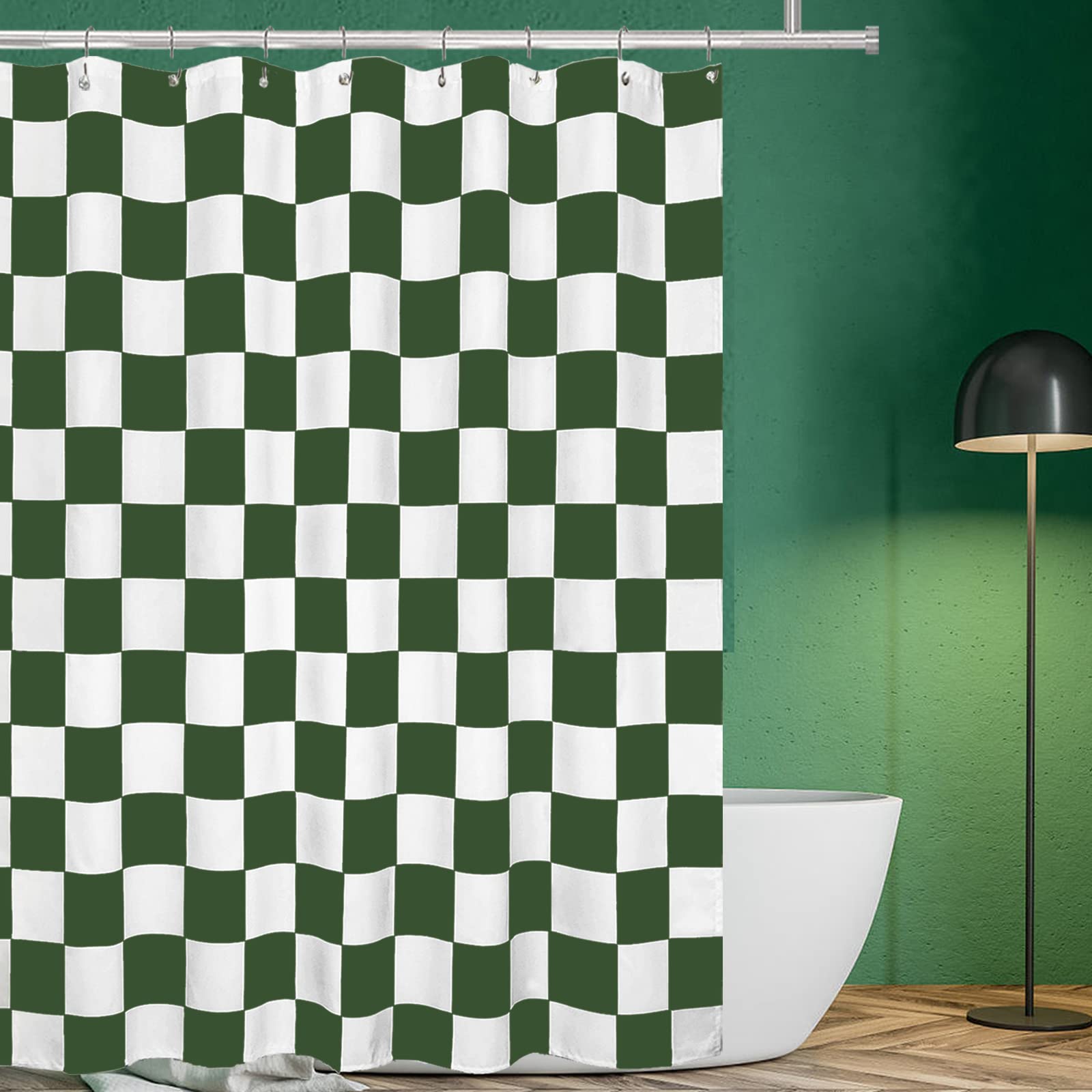 Tititex Aesthetic Checkerboard Grid Pattern Shower Curtain, White Olive Green Modern Shower Curtain Sets Decoration 71X71 Inch W
