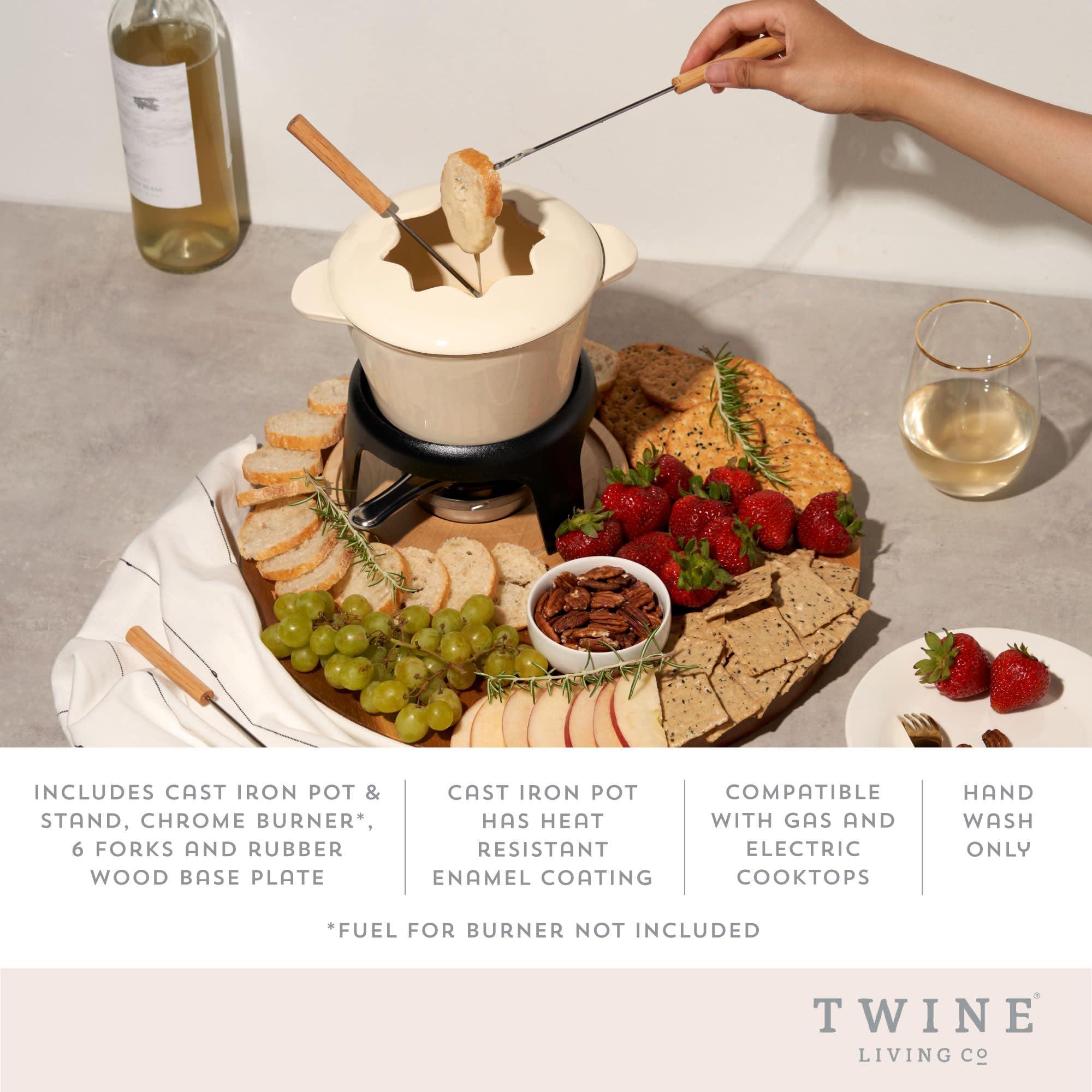 Twine Farmhouse Kitchen Enamel Cast Iron Fondue Set Cheese Melting Pot Metal Stand with Stainless Steel Forks and Chrome Gel Burner  8.5''  Off-Cream