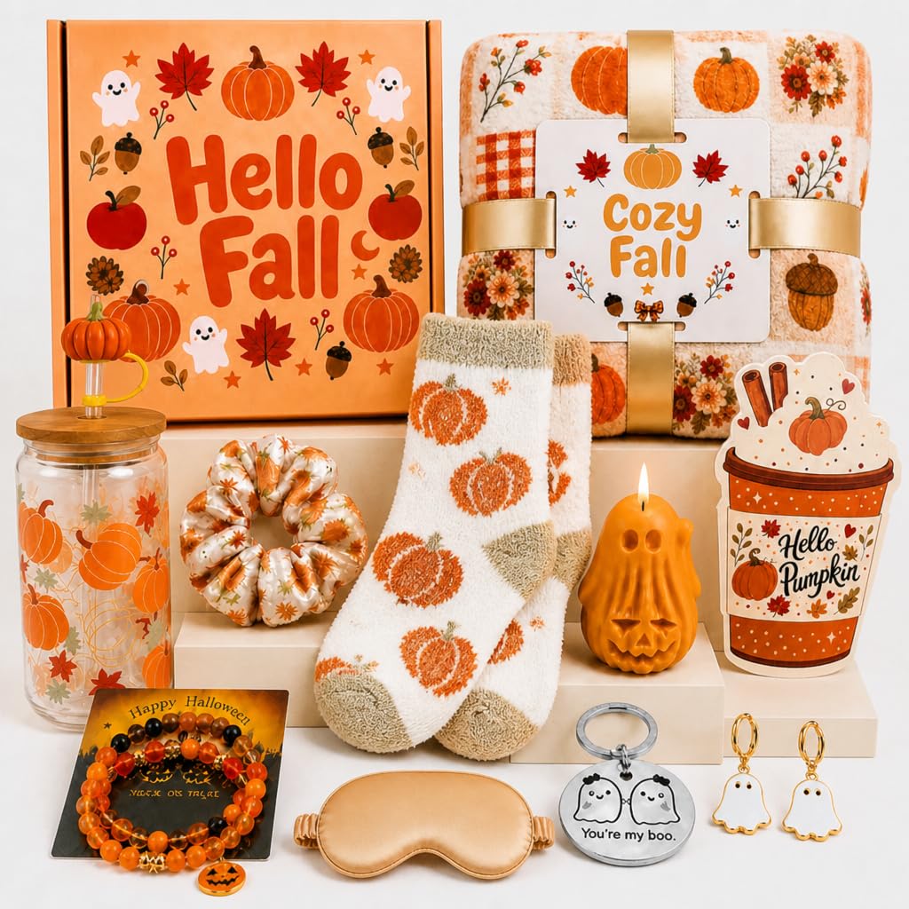 Trouvaile Cute Halloween Gifts for Women, Boo Basket Gift Set with Glass Cup and Cozy Socks, Fall Basket Stuffers for Adults, Te
