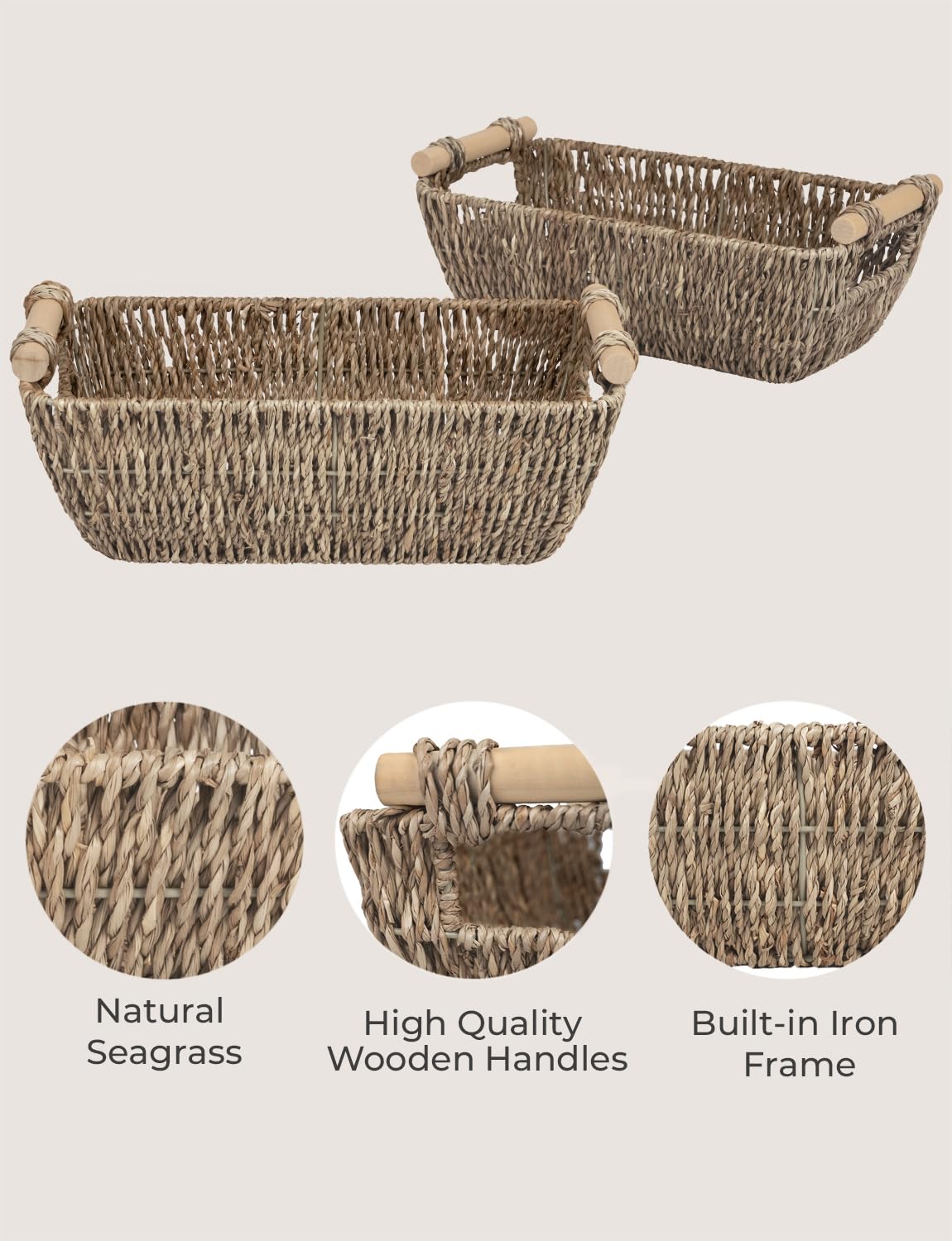 StorageWorks Small Wicker Baskets  Handwoven Baskets for Storage  Seagrass Rattan Baskets with Wooden Handles  2-Pack