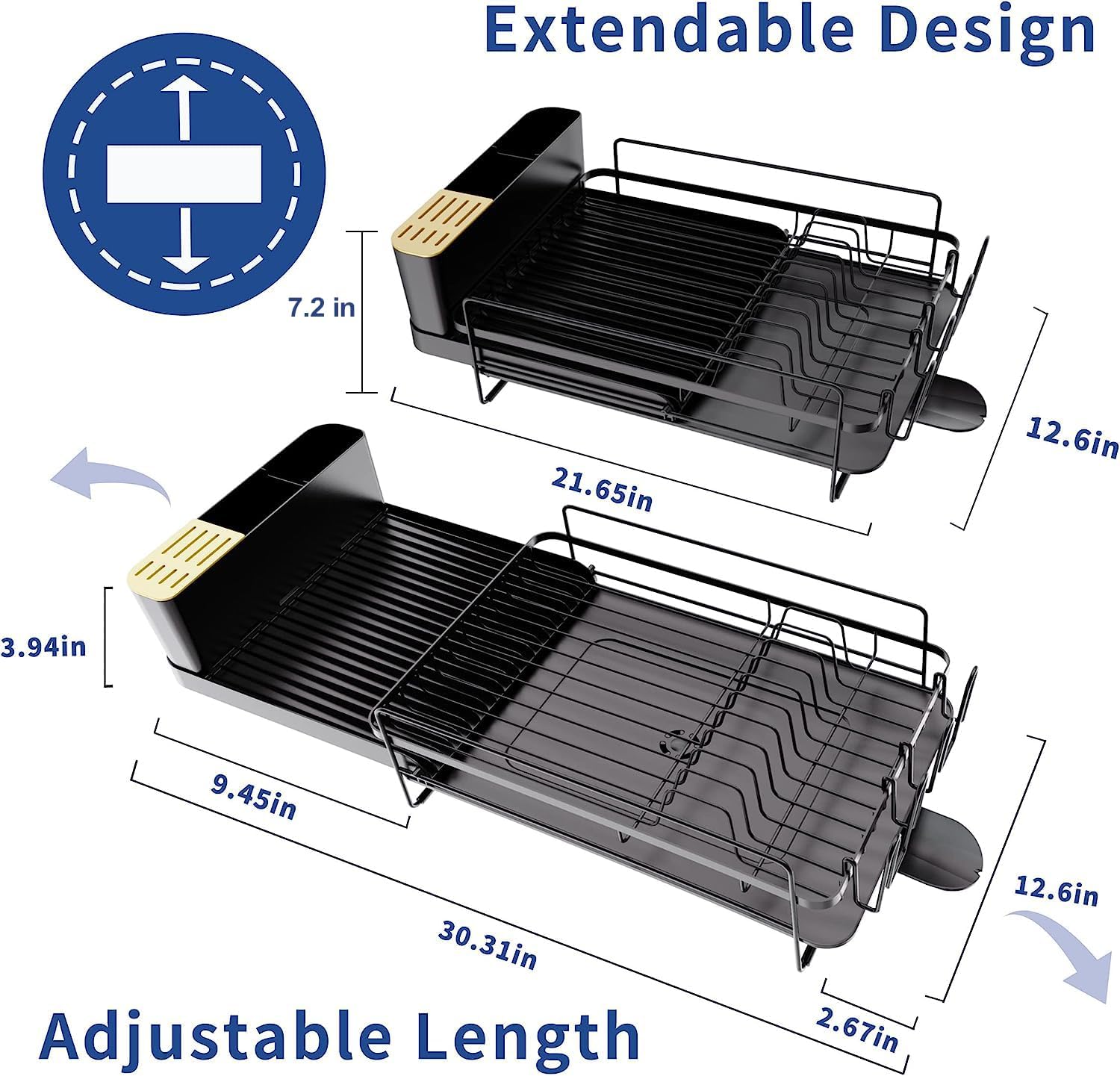 Runnatal Large Dish Drying Rack With Drainboard Set, Extendable Dish Rack, Utensil Holder, Cup Holder, Expandable Dish Drainer F
