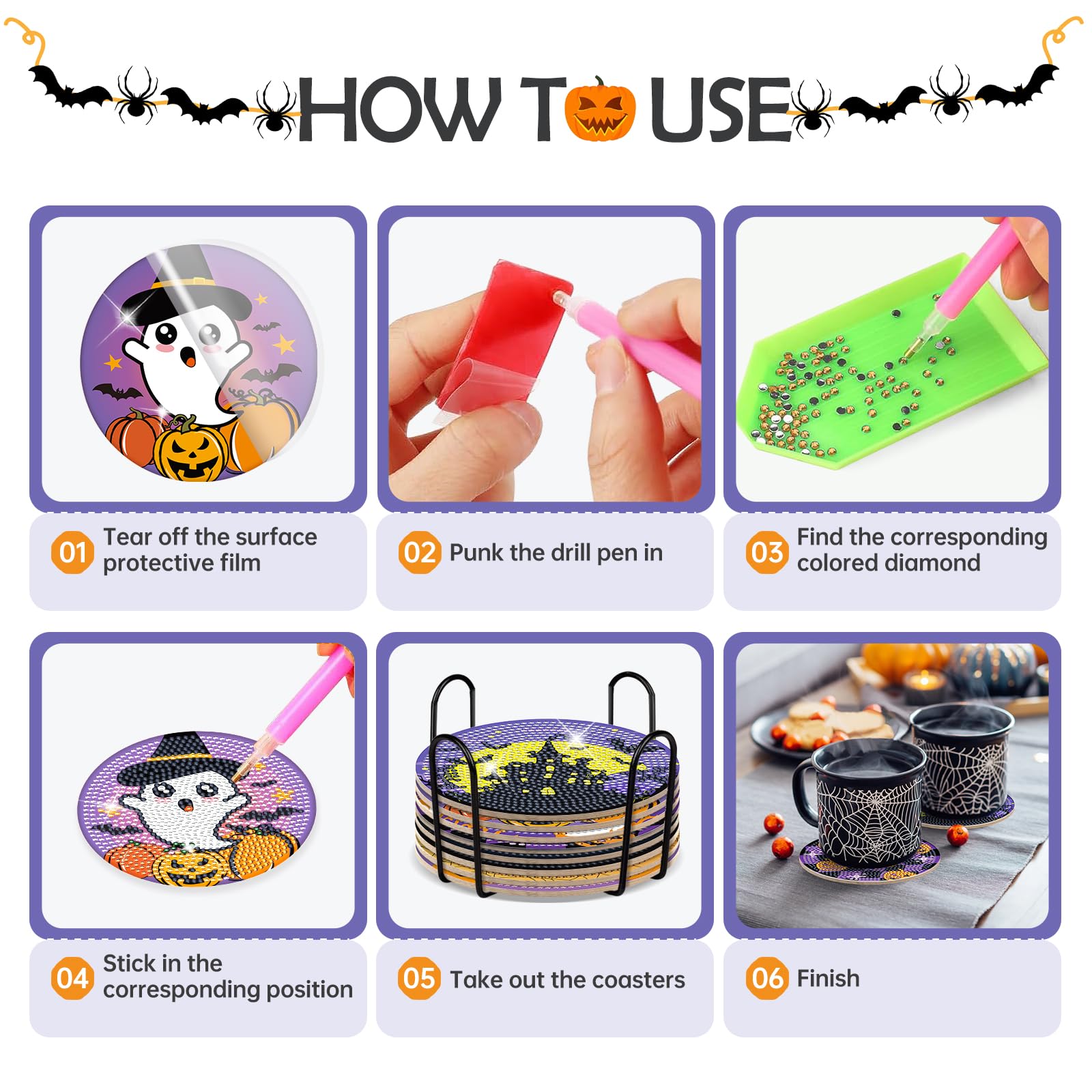 Sitsink Halloween Diamond Art Coasters - 8 Pcs DIY Pumpkin Ghost Boo Black Cat Diamond Painting Halloween Coasters Kit for Adult