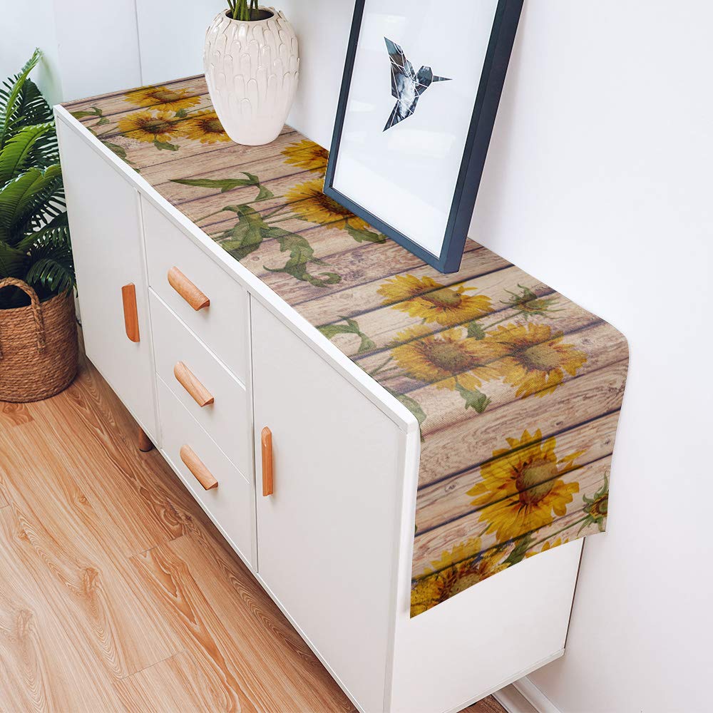 Sunflowers Rustic Table Runner-Cotton Linen-Small 36 Inche Dresser Scarves,Farmhouse Tablerunner For Kitchen Coffee/Dining/Sofa/