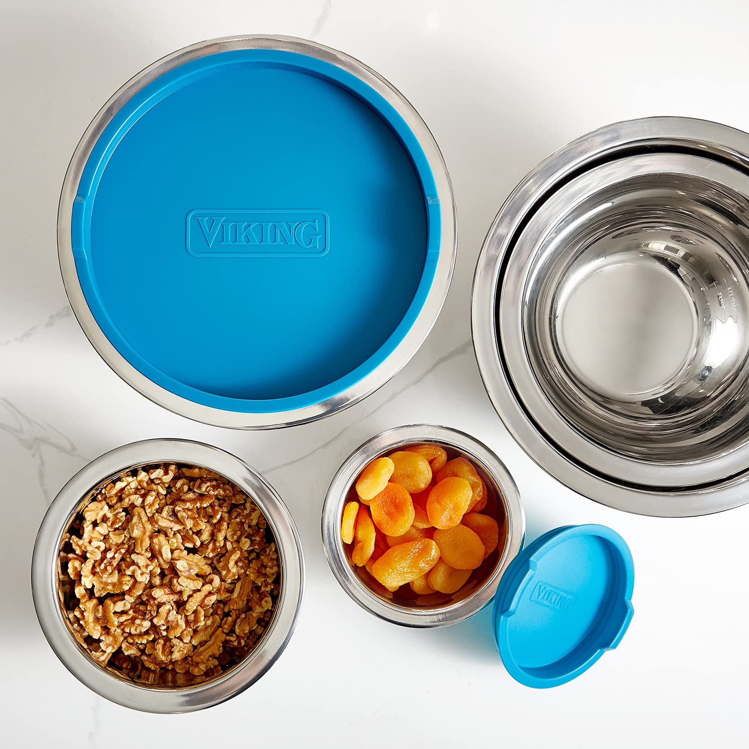 Viking Culinary Stainless Steel Mixing Bowl Set, 10 Piece, Non-Slip Silicone Base, Includes Airtight Lids, Dishwasher Safe, Teal