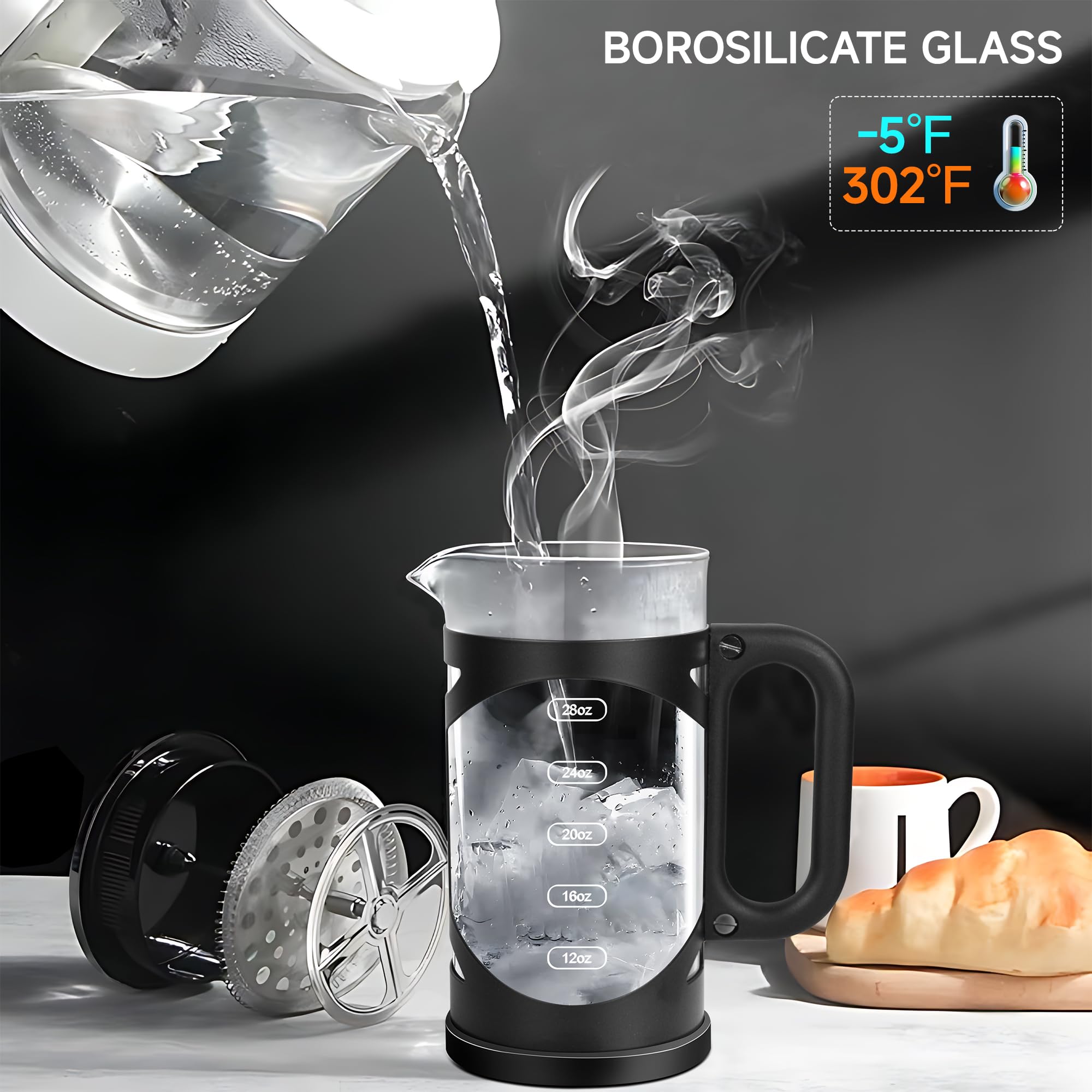 Ymmind 34 Ounce French Press Coffee Maker Black Stainless Steel Coffee Press, With 4-Level Filter System, Heat Resistant Thickne