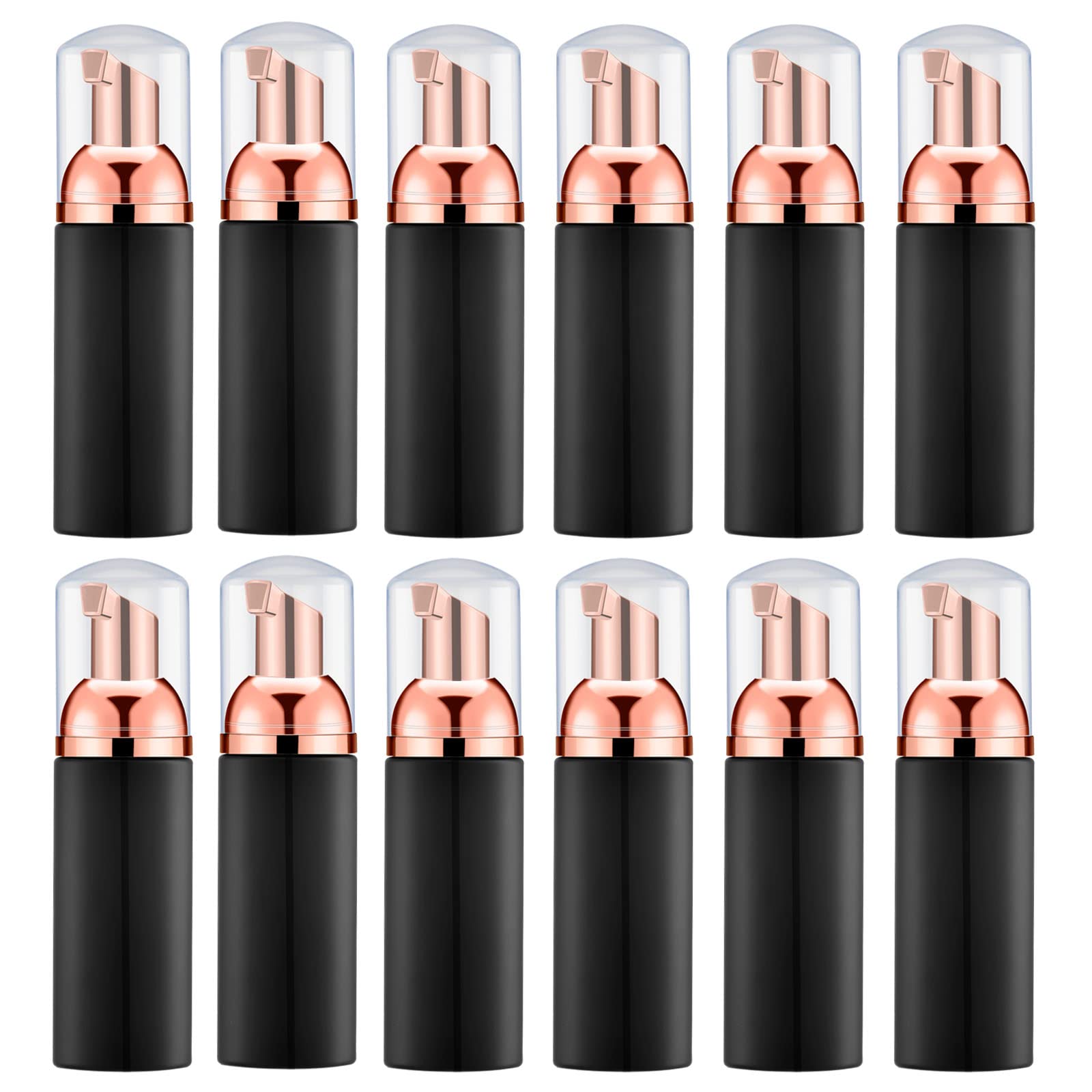Iron Bill 2 Oz Empty Foam Pump Bottle (12Pcs) Travel Foaming Soap Dispenser For Hand Soap, Lash Shampoo Cleanser (Black&Rose Gol