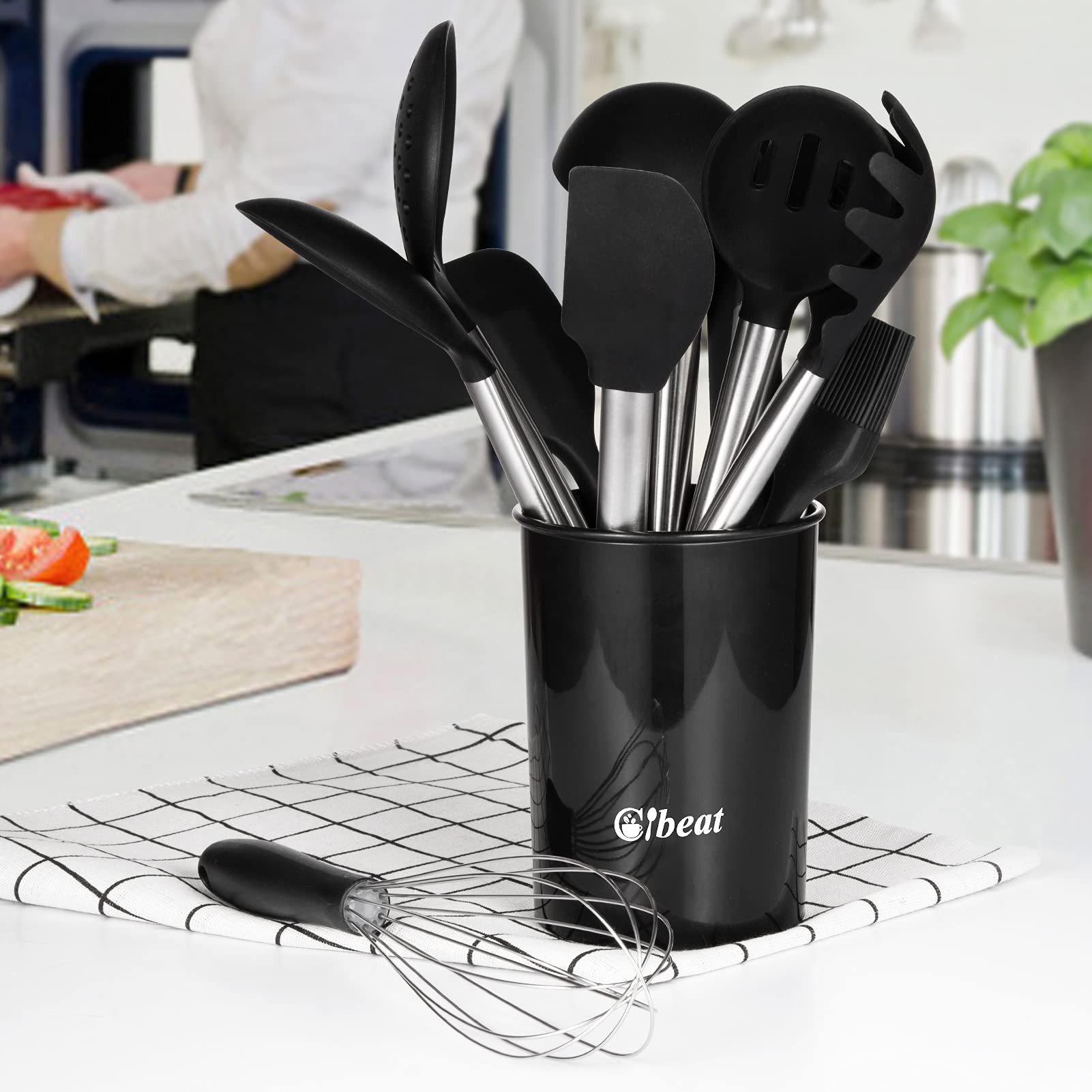 13Pcs Kitchen Utensils Set With Holder, Silicone Cooking Utensils Gadget, Kitchen Spatula Set With Stainless Steel Handle, Nonst