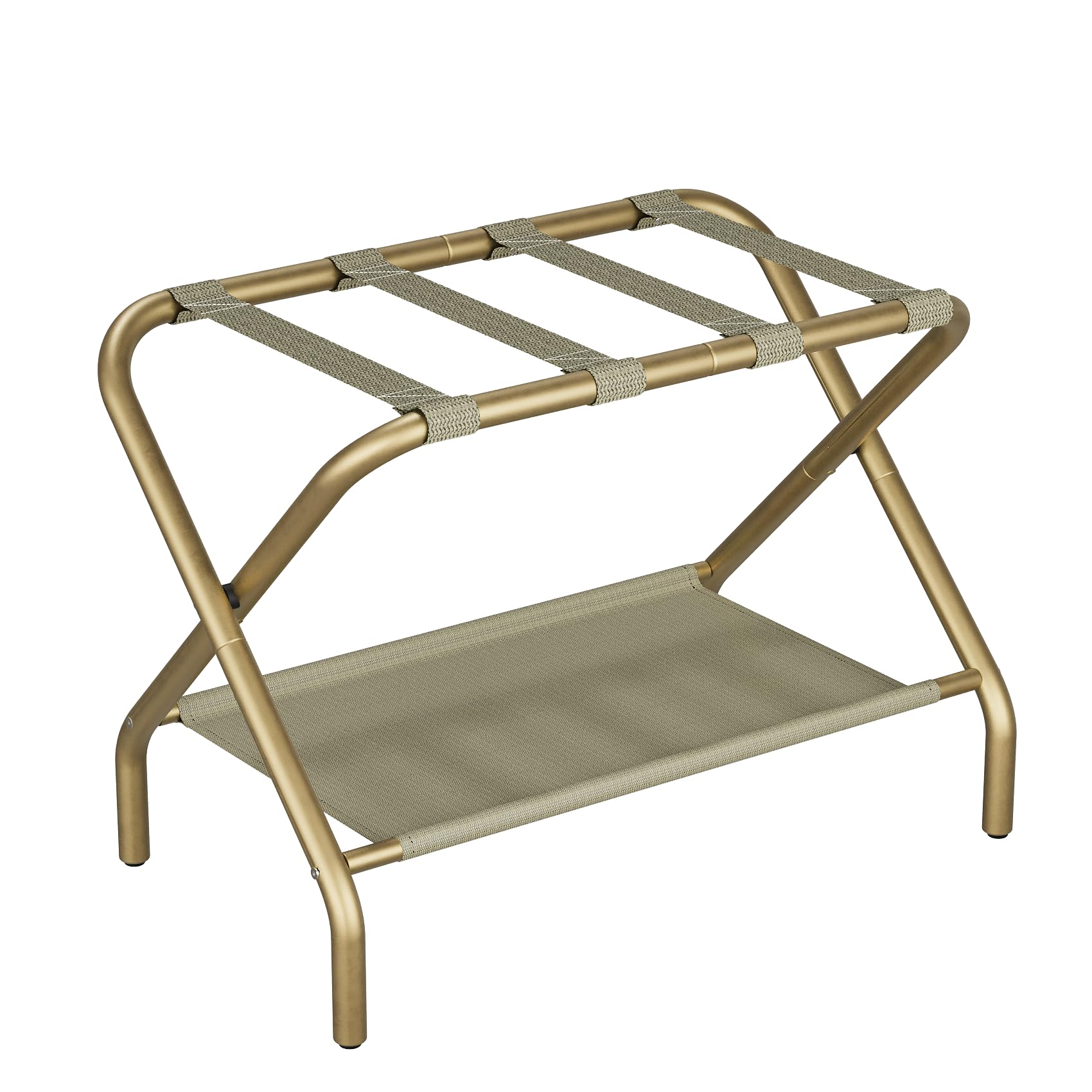 Smuxee Gold Luggage Rack, Foldable Suitcase Stand With Fabric Storage Shelf, Luggage Holder With 4 Nylon Straps For Guest Room B