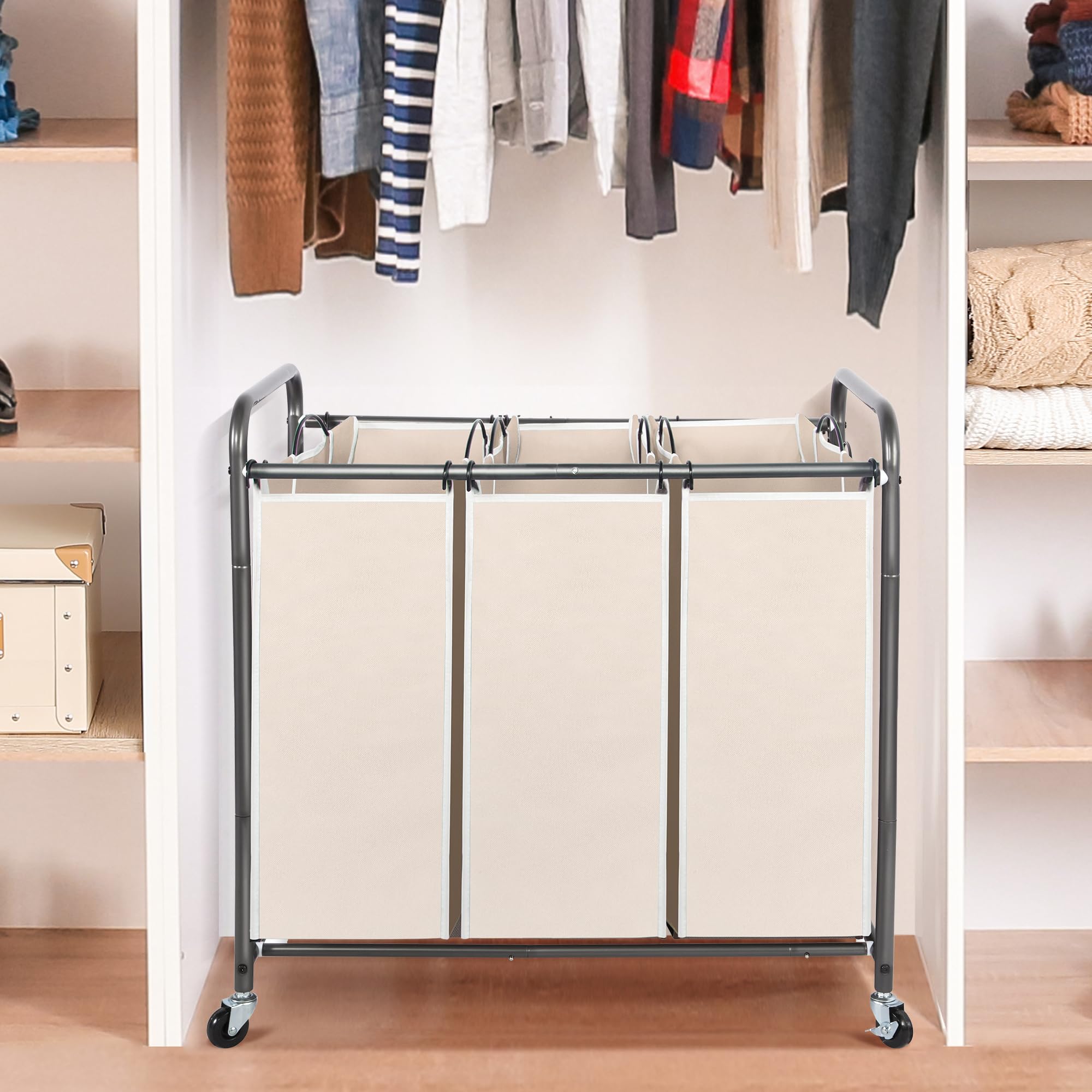 Sto Sto Laundry Sorter 3 Section, 3 Bag Laundry Hamper, Rolling Laundry Cart, Laundry Basket With Heavy Duty Lockable Wheels And