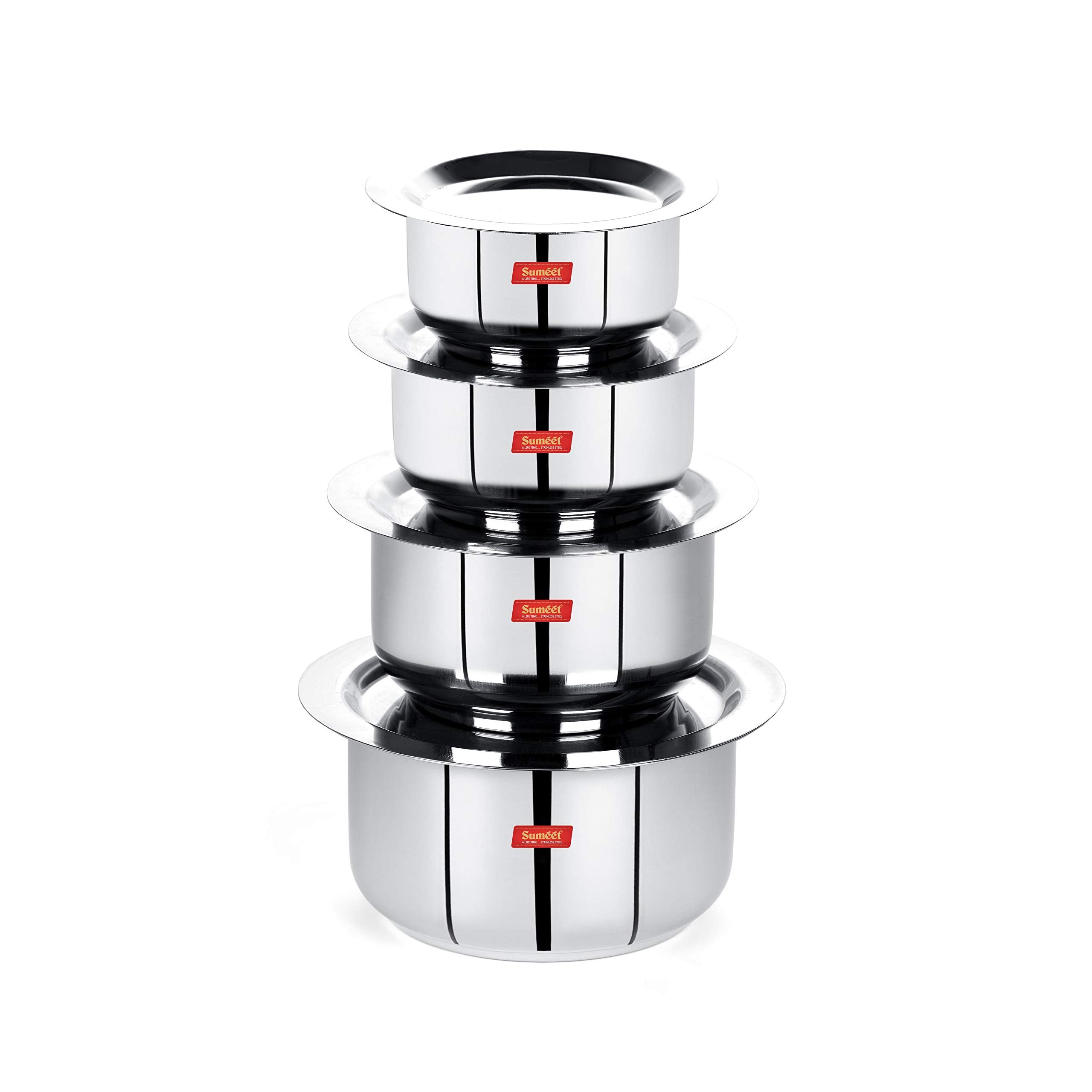 Sumeet Stainless Steel Mini to Small Size Flat Bottom Induction & Gas Stove Friendly Tope/Patila/Cookware Set of 4Pcs with Lids