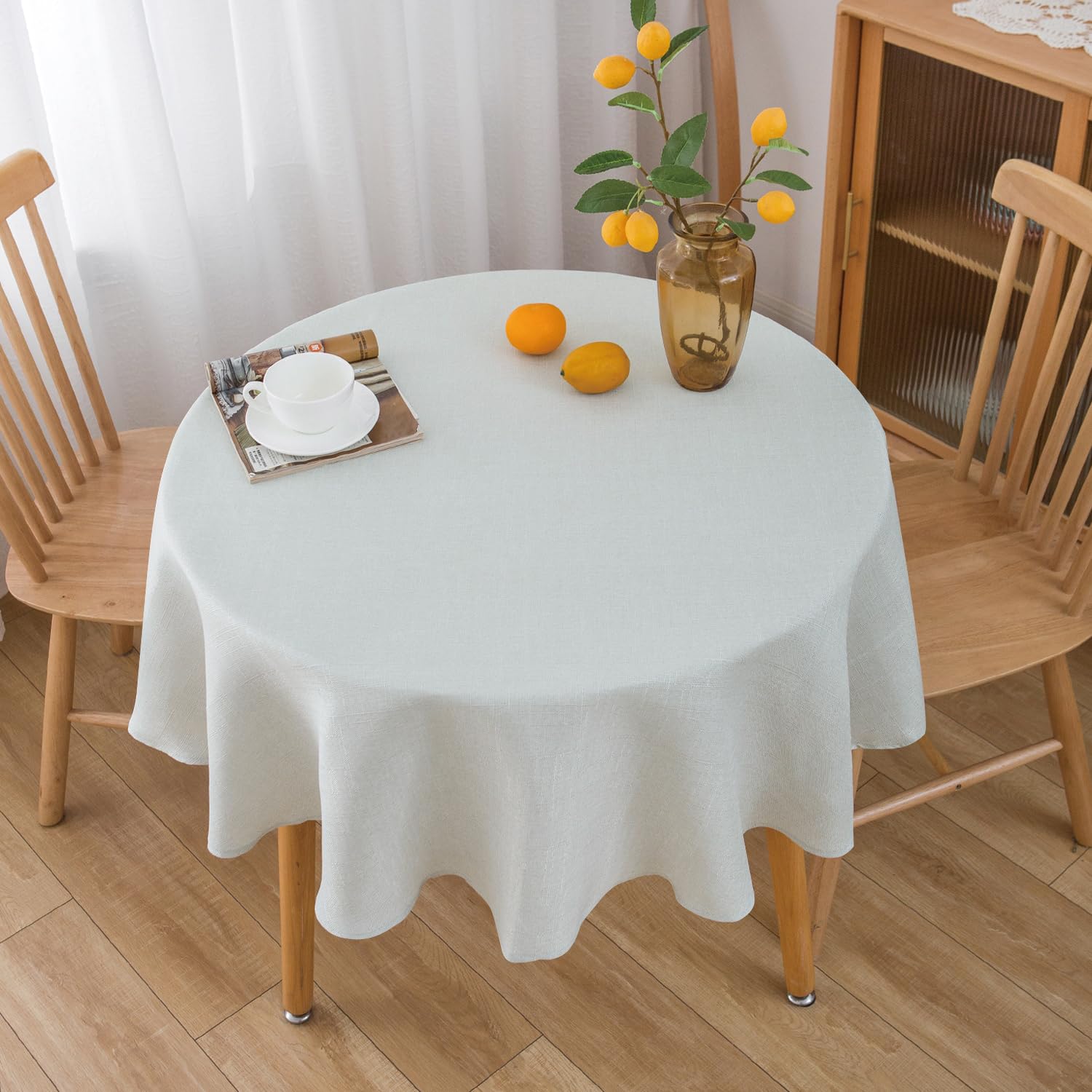 Nlmuvw White Linen Table Cloth Round 48 Inch Water Resistant Textured Tablecloth Decorative Farmhouse Table Cover For Dining Caf