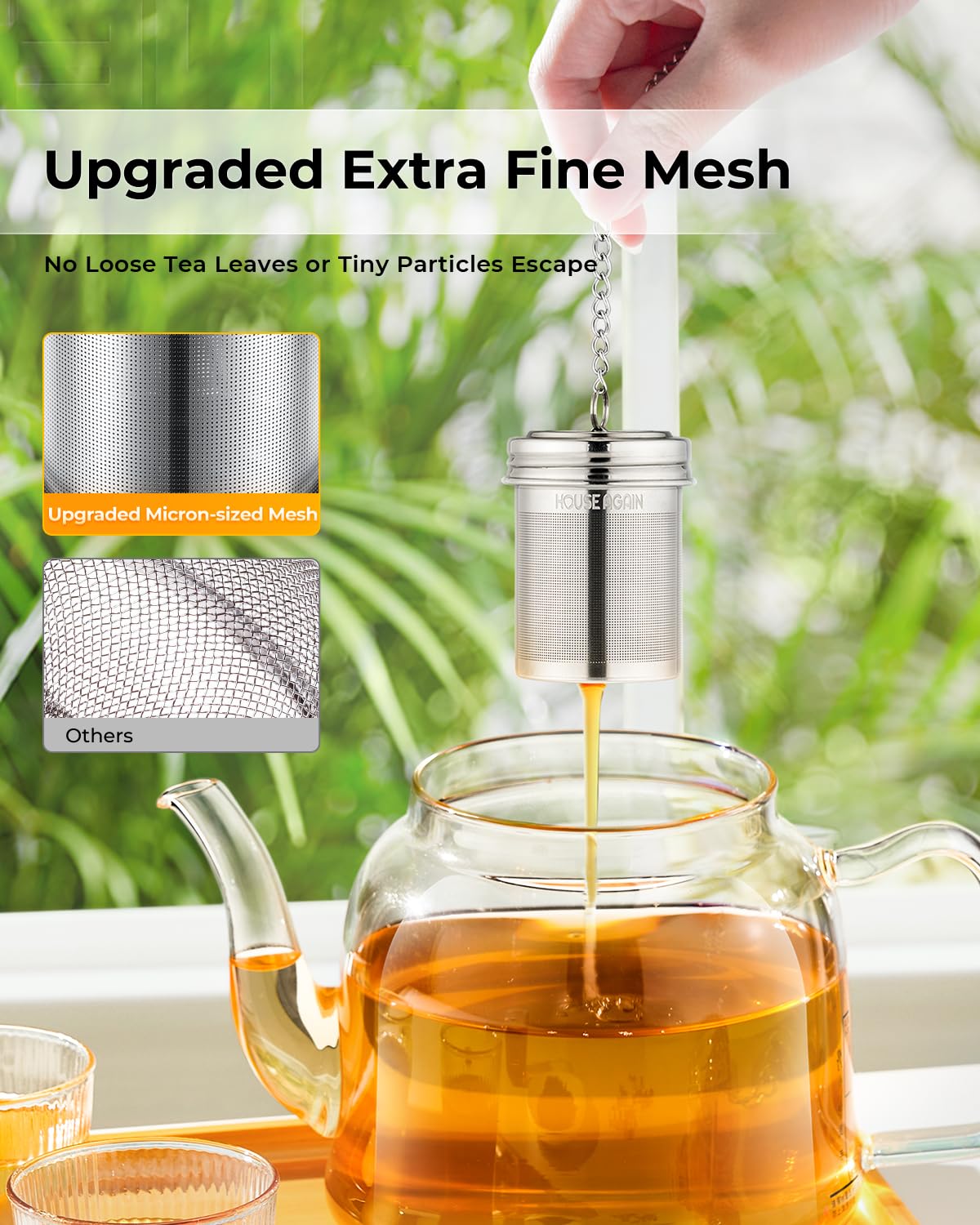 HOUSE AGAIN Extra Fine Mesh Tea Infuser, Stainless Steel Strainer with Extended Chain, Small, Silver, Model 14-02-0002