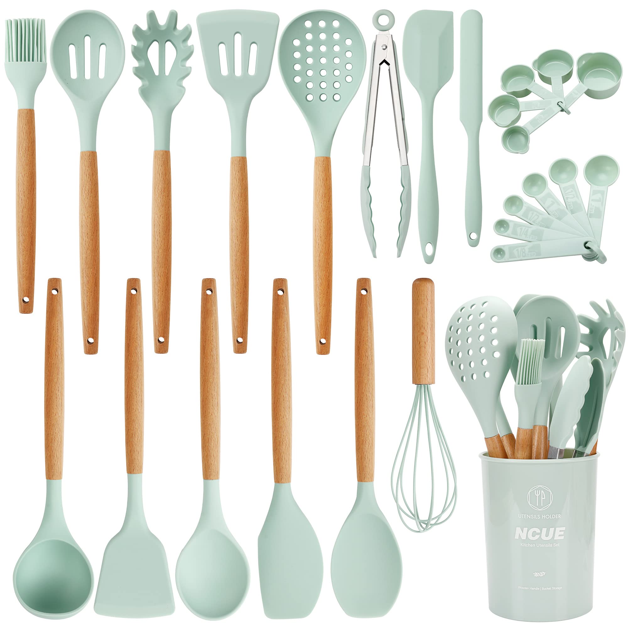 Ncue Kitchen Utensils Set, 26 Pcs Bpa Free Non-Stick Silicone Cooking Kitchen Utensils Set With Holder, Wooden Handle Heat Resis