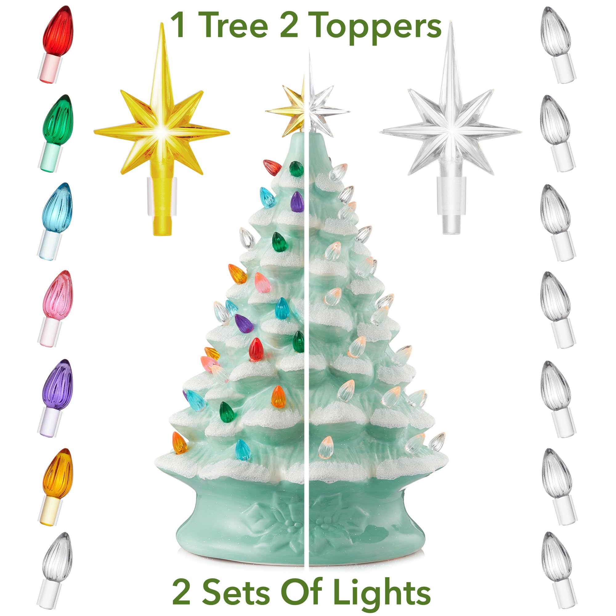Casafield Hand Painted Ceramic Christmas Tree, Seafoam Green Snow Flocked 15-Inch Pre-Lit Tree with 128 Multi Color Lights and 2