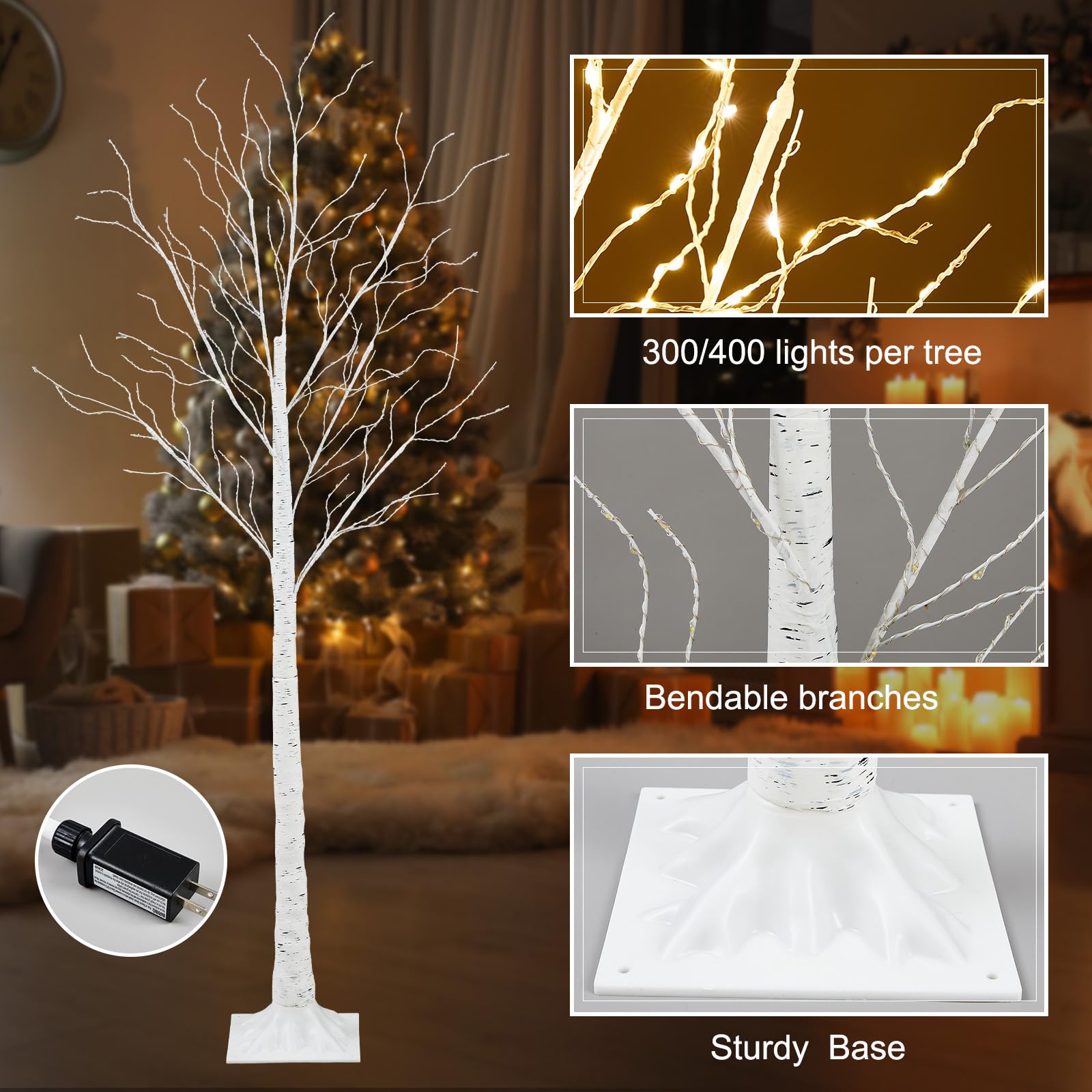 Aurelema 3 Pcs 4ft 6ft Lighted Birch Tree 8 Modes Christmas Artificial LED Warm White Lights Birch Tree for Indoor and Outdoor H