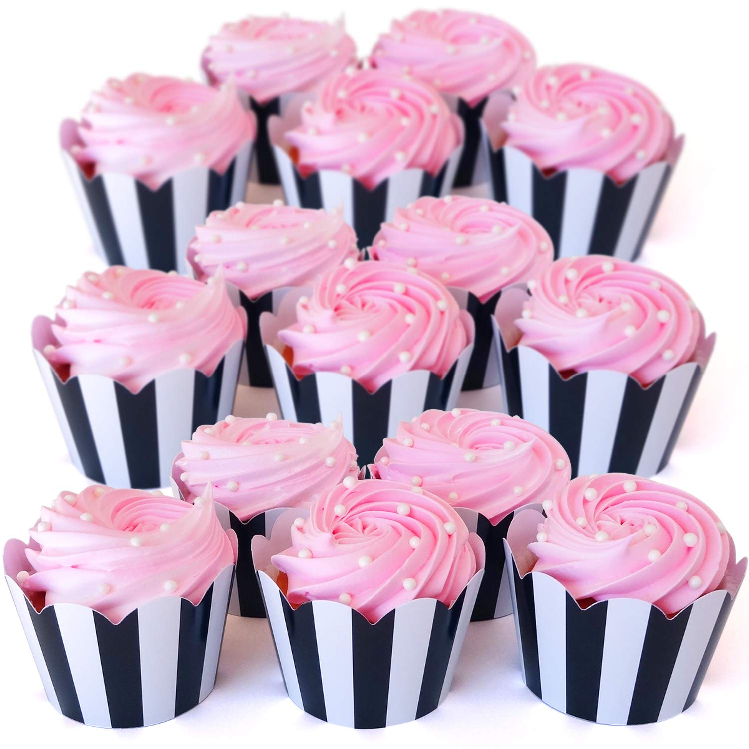 White Cupcake Wrappers 50 Count - Adjustable Black And White Cupcake Wrappers | Easy Reversible Black And White Stripe Cupcake W