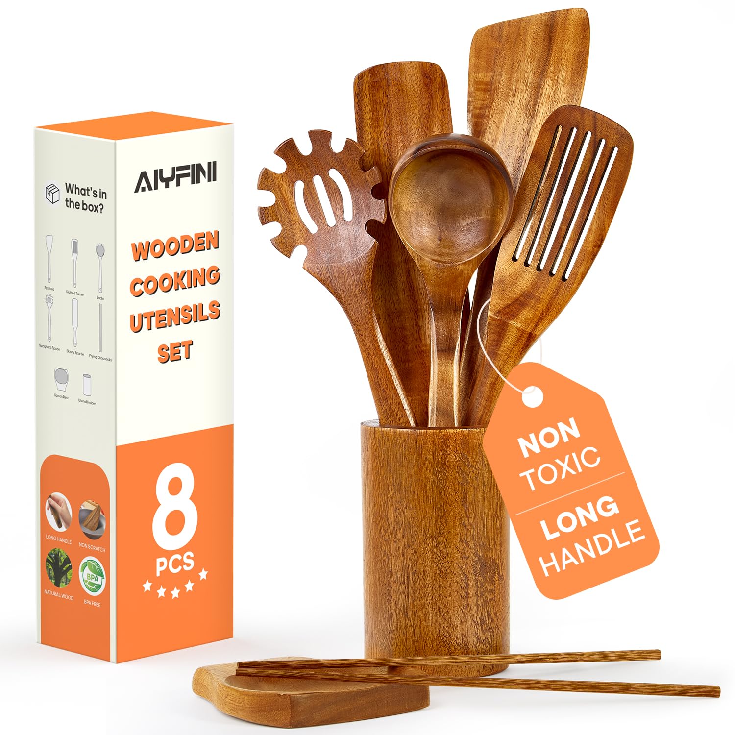 NonToxic Wooden Kitchen Utensils Set, 15.4 Long Handle Wood Spatula for Cooking, Egg Flipper Fish Turner Spatula for Non Stick