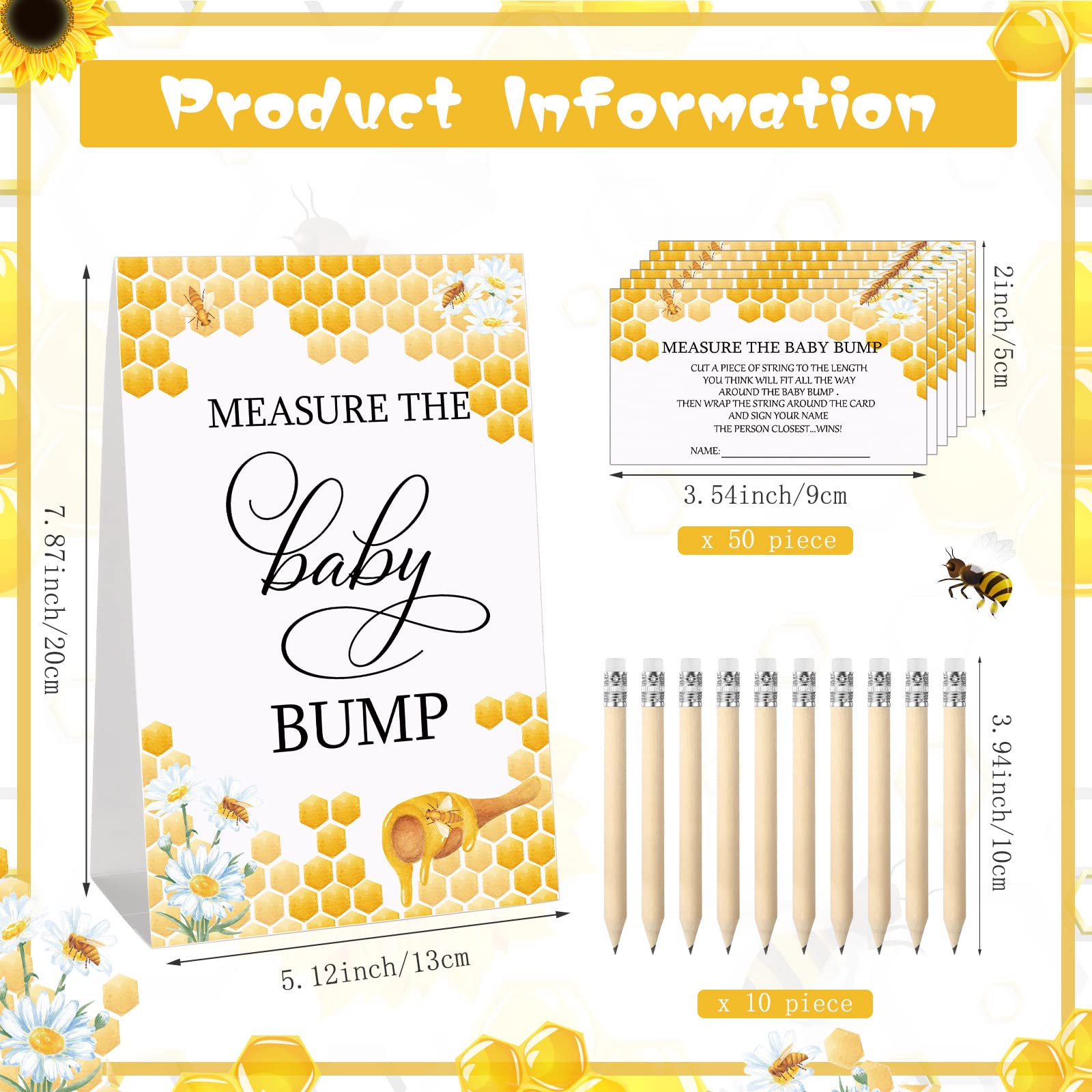 65 Pieces Baby Shower Game Set 1 Measure The Baby Bump Sign Measure Mommy'S Belly Game And 50 Guessing Cards 10 Pencils 2 Ribbon