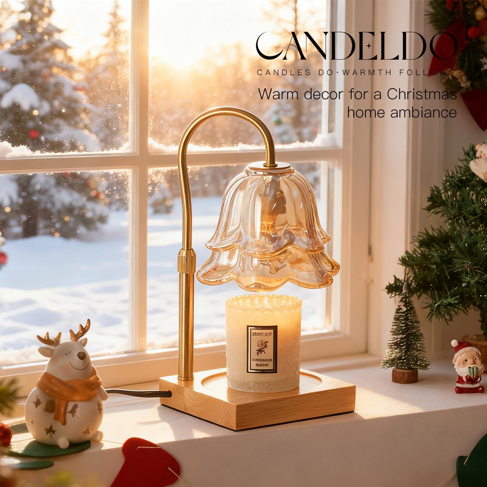 Candeldo Christmas Gifts for Women: Gold Flower Candle Warmer Lamp with Timer Height Adjustalbe Wax Warmer Dimmable Christmas Ne