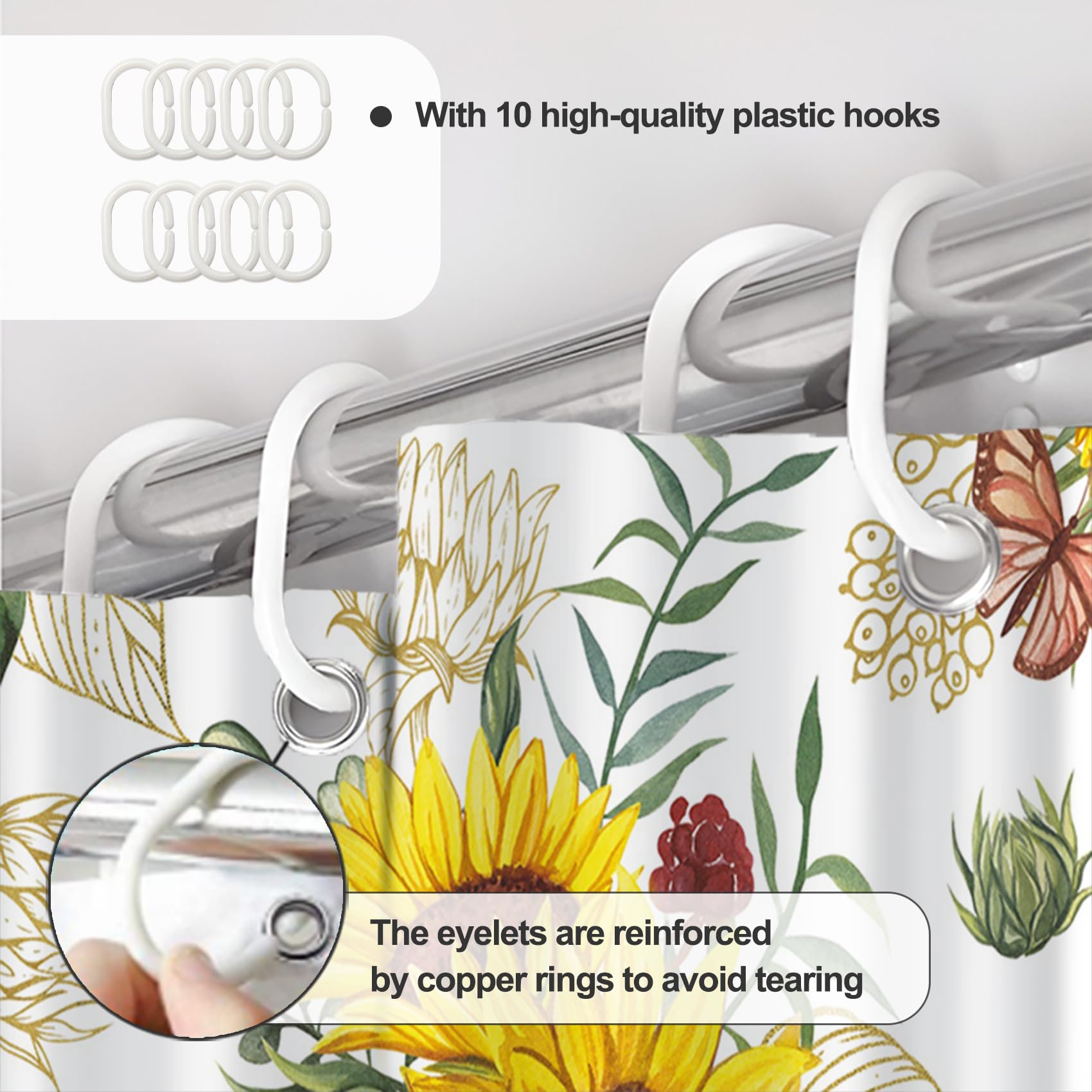 Awert Vibrant Sunflower Shower Curtain For Bathroom,Waterproof Fabric Plants Shower Curtain With Hooks 72X84 Inch