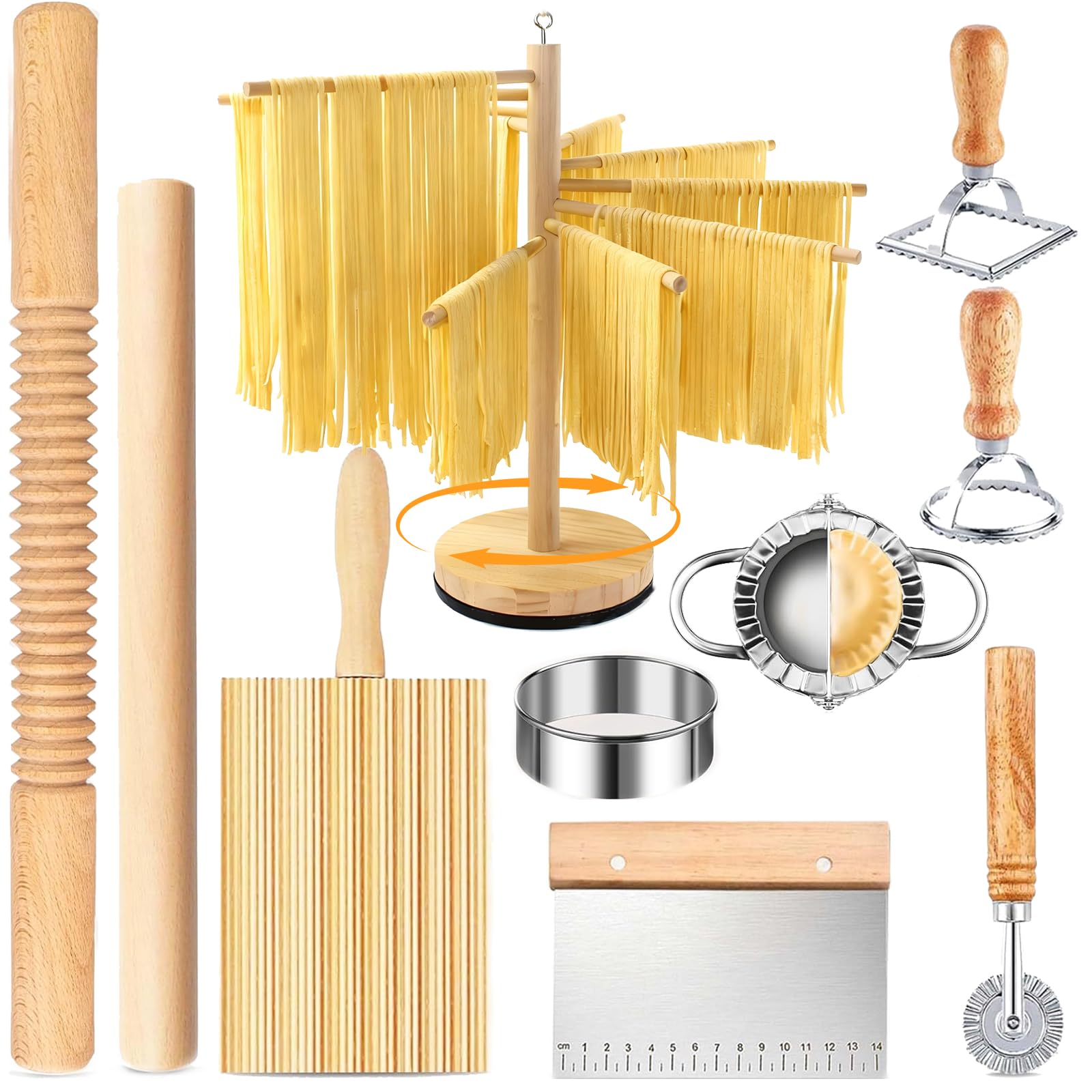 10 Pcs Pasta Making Tools, Pasta Making Kit with Pasta Drying Rack,2 Rolling Pins,Gnocchi Board,Pasta Cutting Tools,2 Ravioli Ma