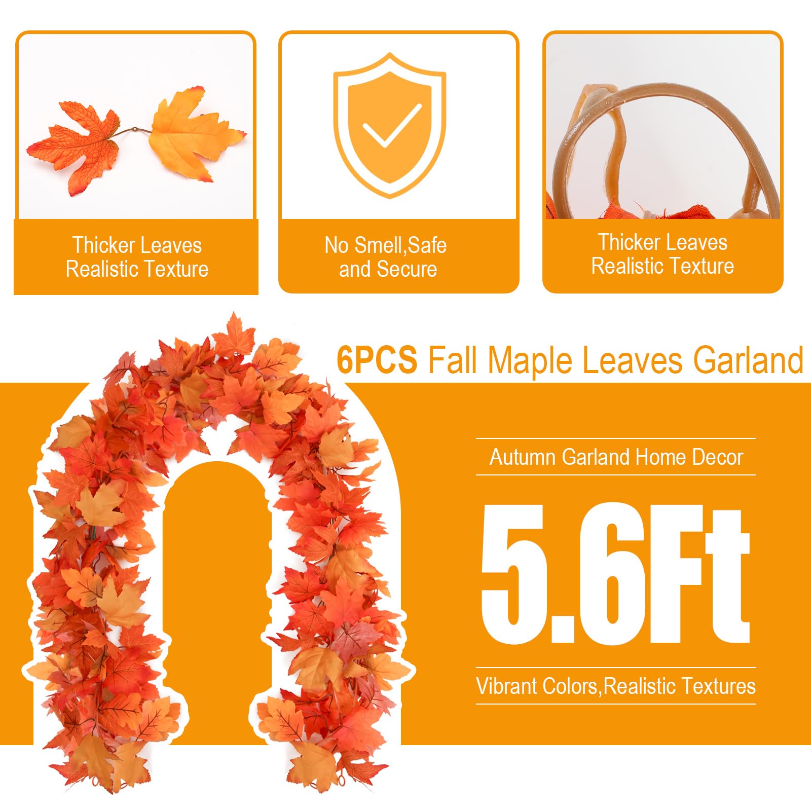 Joyhalo 6 Pack Fall Garland - Fall Leaves Garland,Fall Leaf Garland,Autumn Maple Leaf Garland Hanging Vine Outdoor Fall Decor Fo