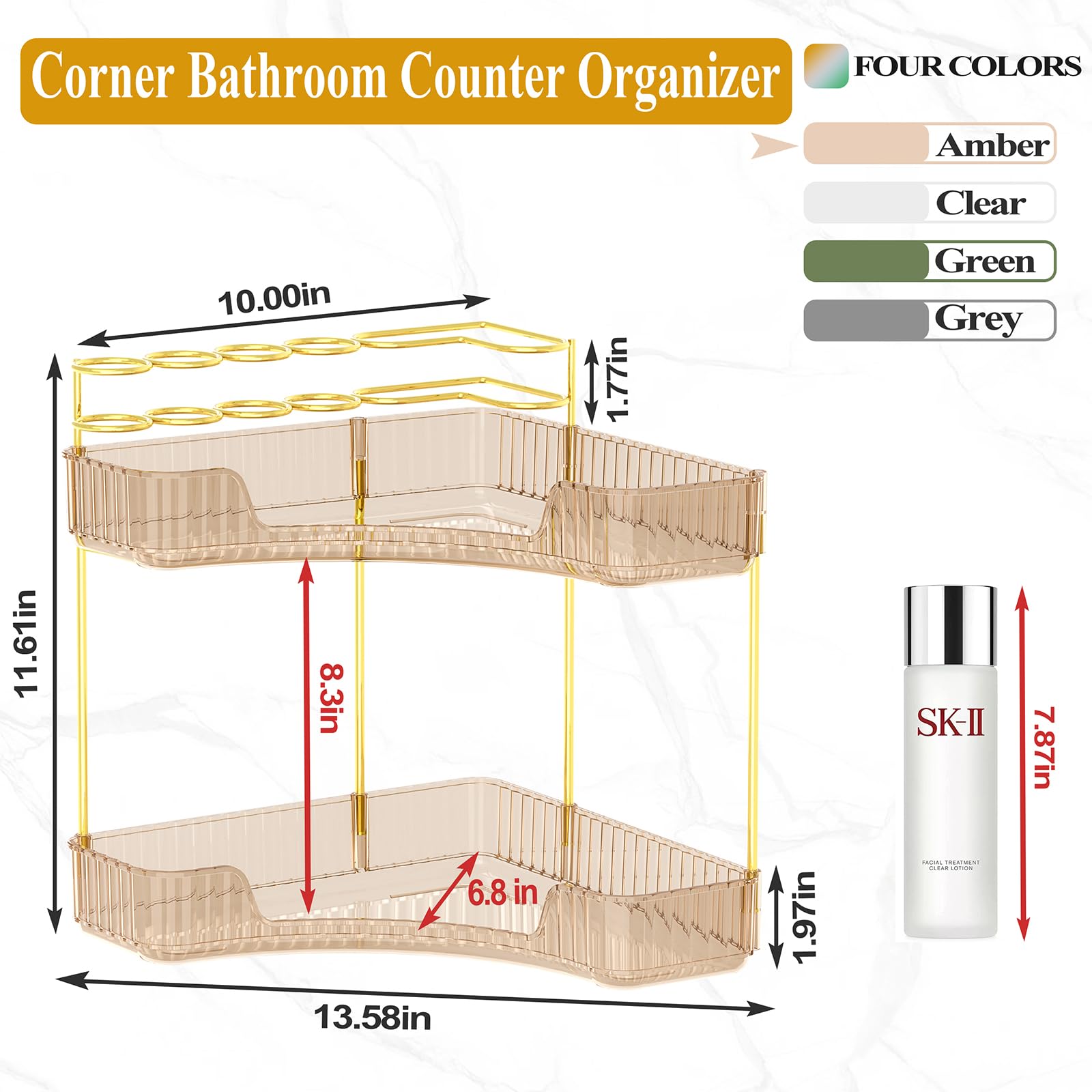 Sunzos Corner Bathroom Counter Organizer, 2-Tier Countertop Makeup Organizer With Makeup Brush Holder For Dresser, Vanity Perfum